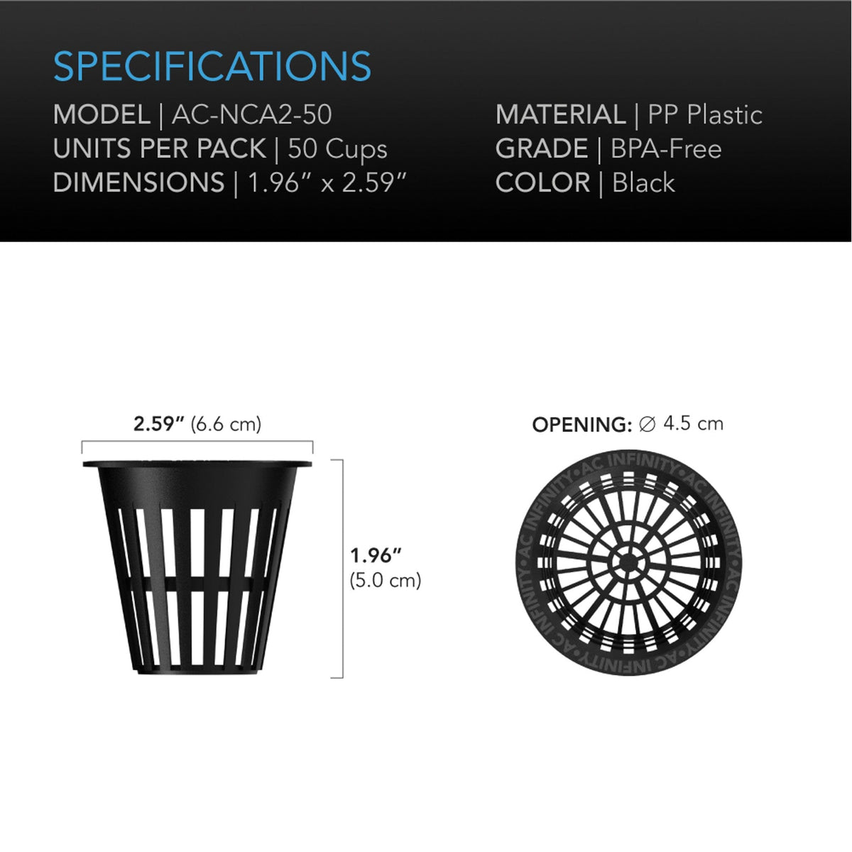 2 inch mesh cups specifications
