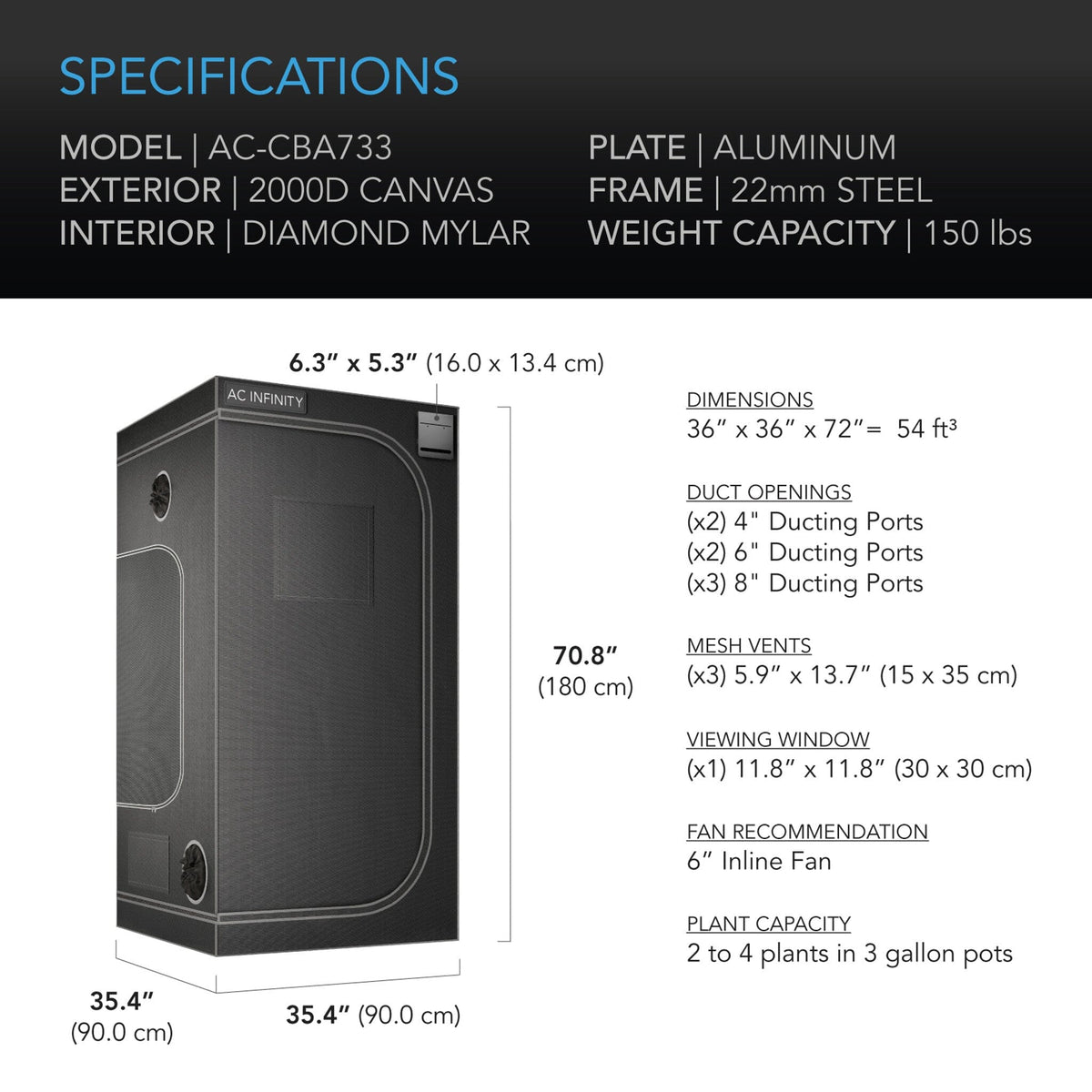 Cloudlab 733 Grow tent specifications