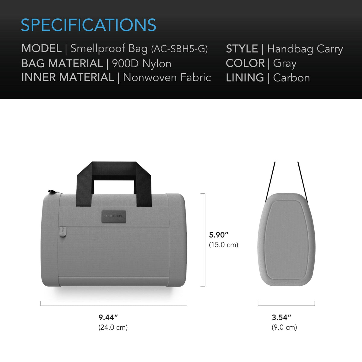 Gray handbag specifications smell proof