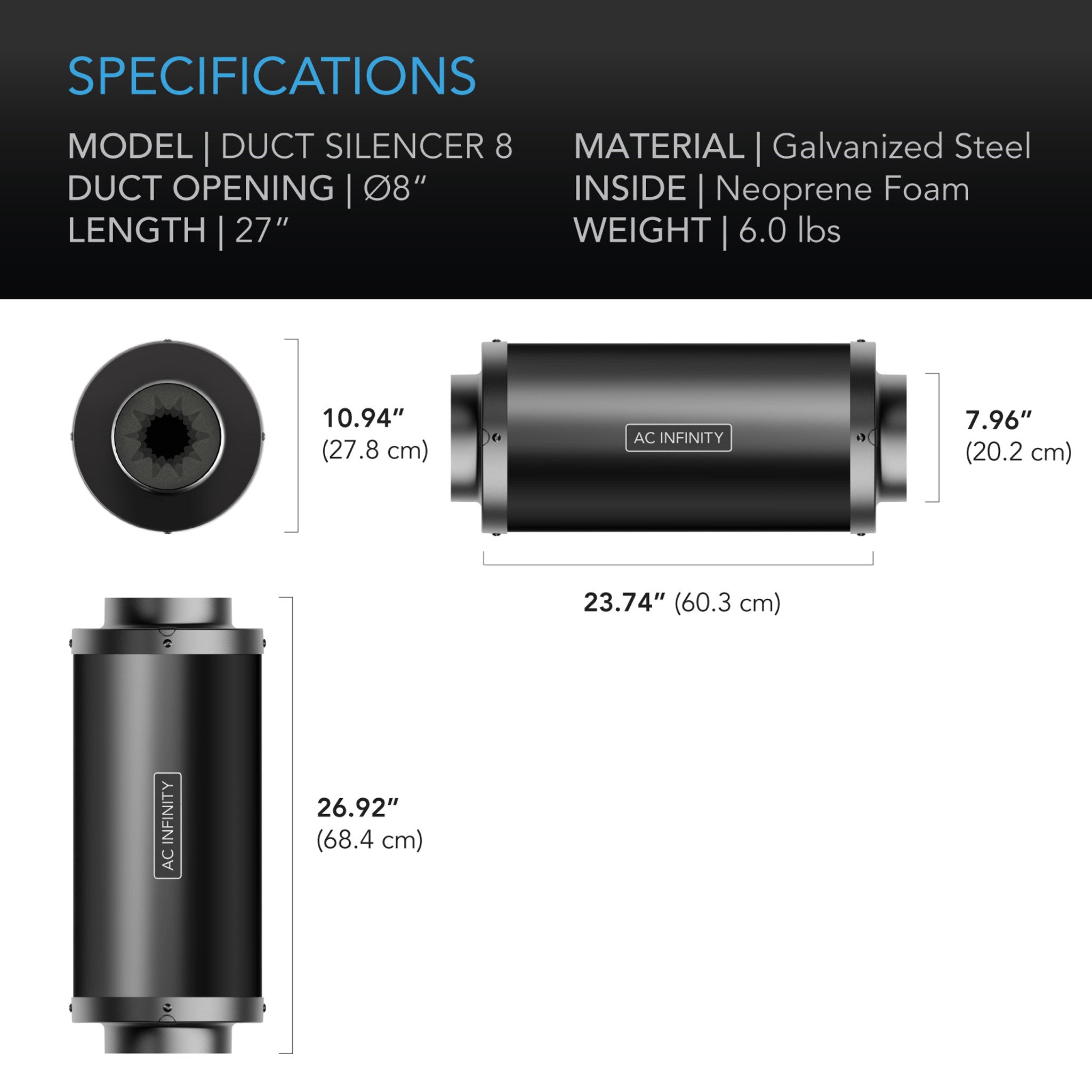 Inline Duct Fan Silencer, 8 Inch - 200 MM - AC Infinity - Quick Bloom Lights