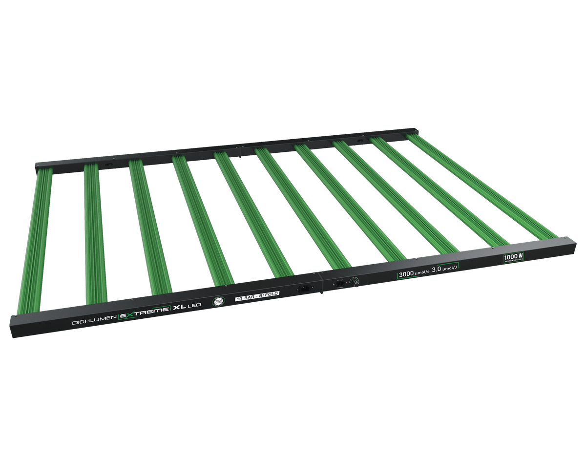 Digi-Lumen Extreme 1000W XL LED grow light, 10-bar bi-fold fixture open