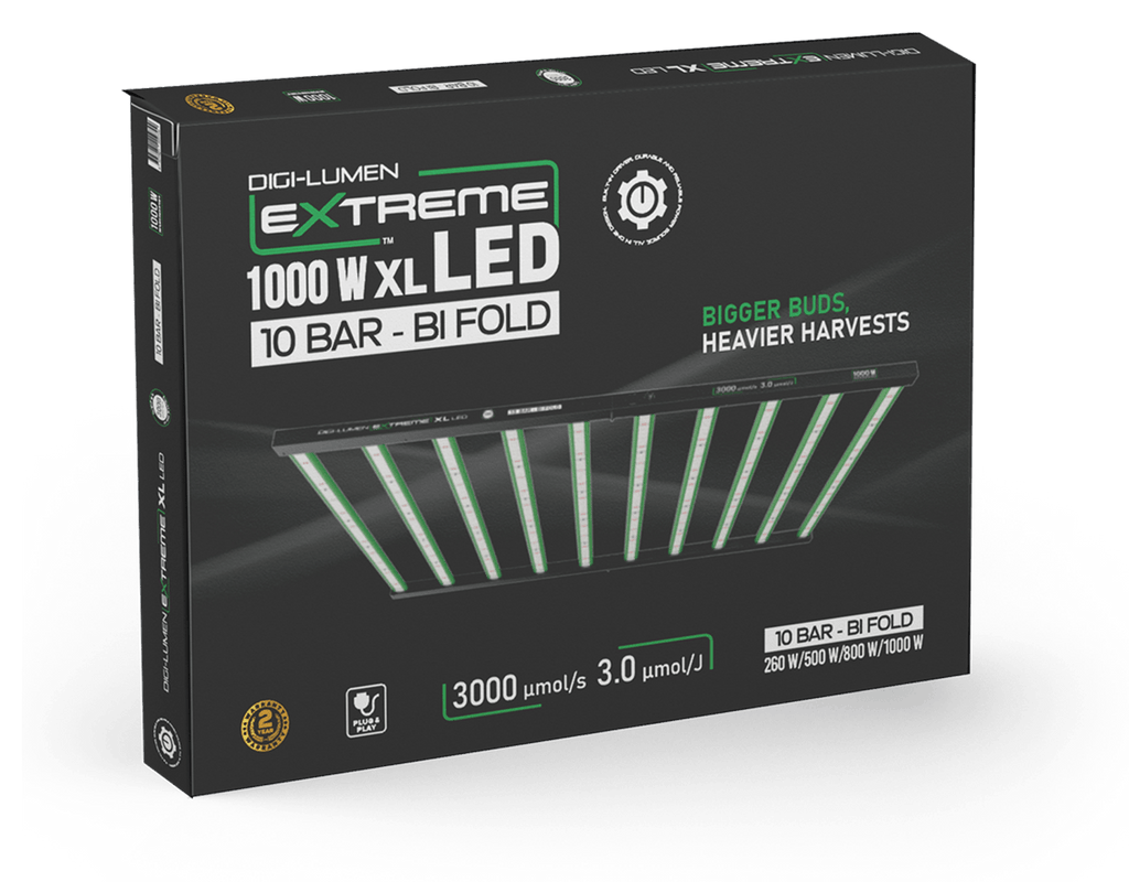 Digi-Lumen Extreme 1000W XL LED retail box - 10 bar bi-fold, 260W/500W/800W/1000W dimming steps, 3000 umol/s, 3.0 umol/J
