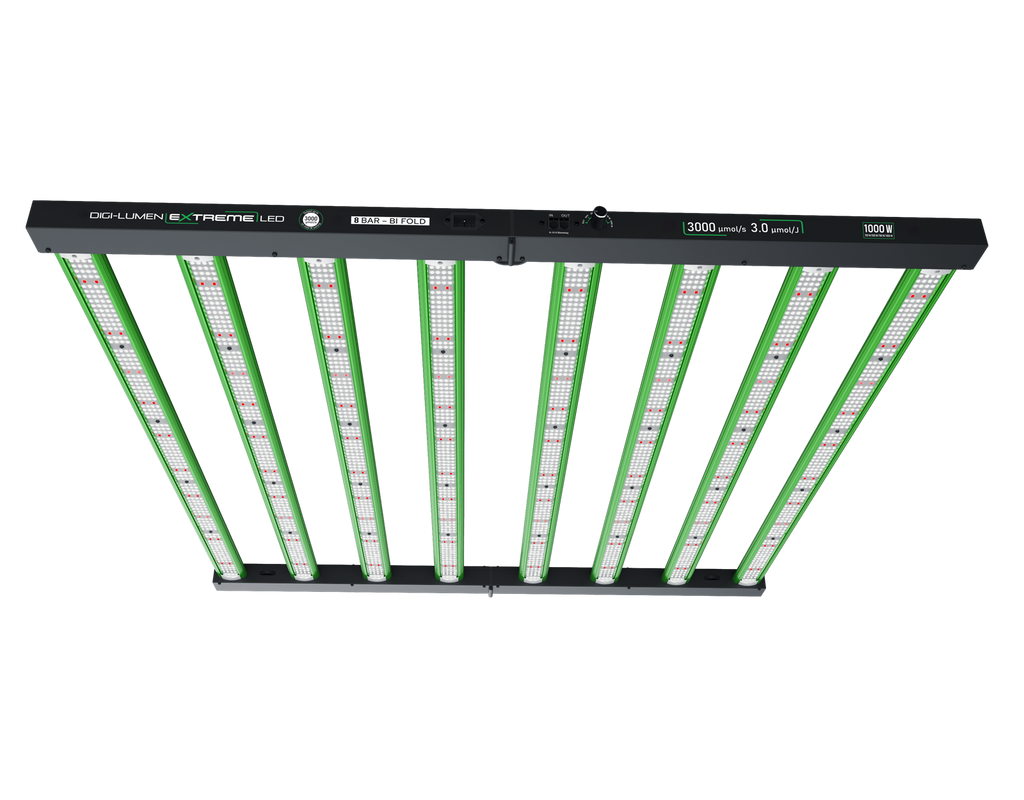 Digi-Lumen Extreme 1000W LED grow light, 8-bar bi-fold fixture open, full spectrum white and red diodes
