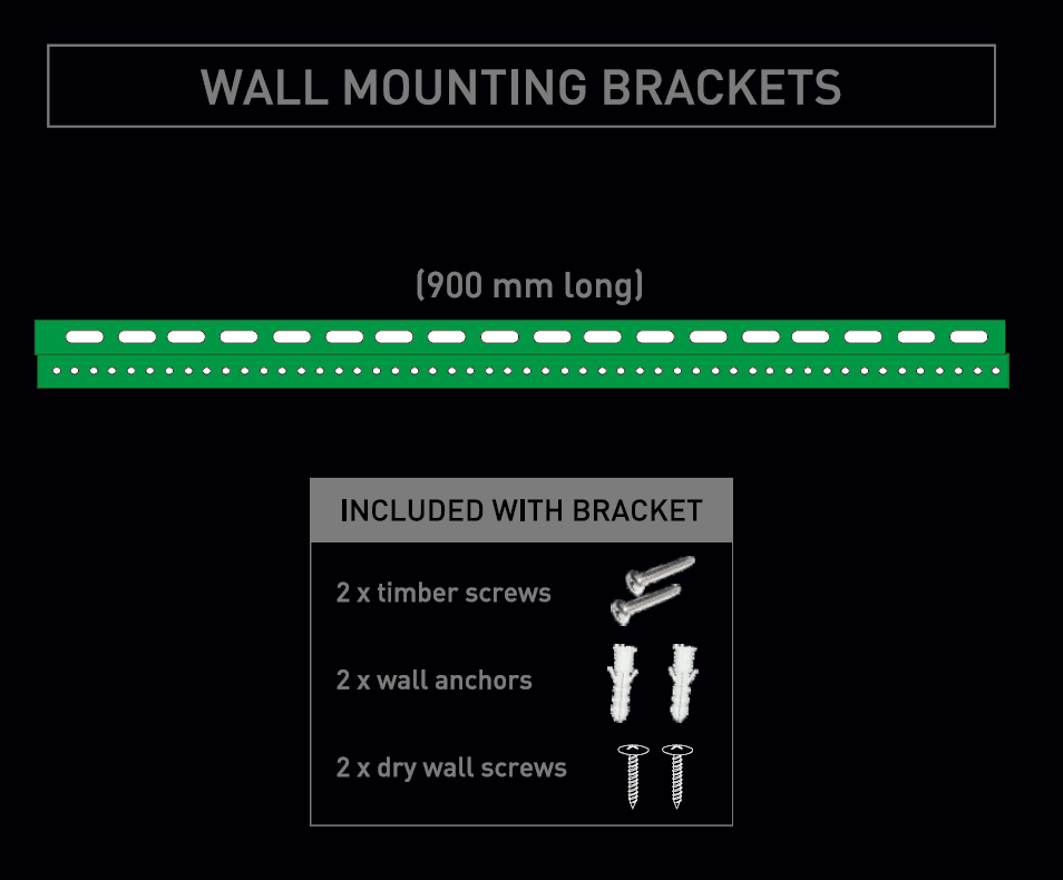 Digi-Lumen 900 mm wall mounting brackets for the Extreme 250W Side Bars, supplied with wall anchors and screws