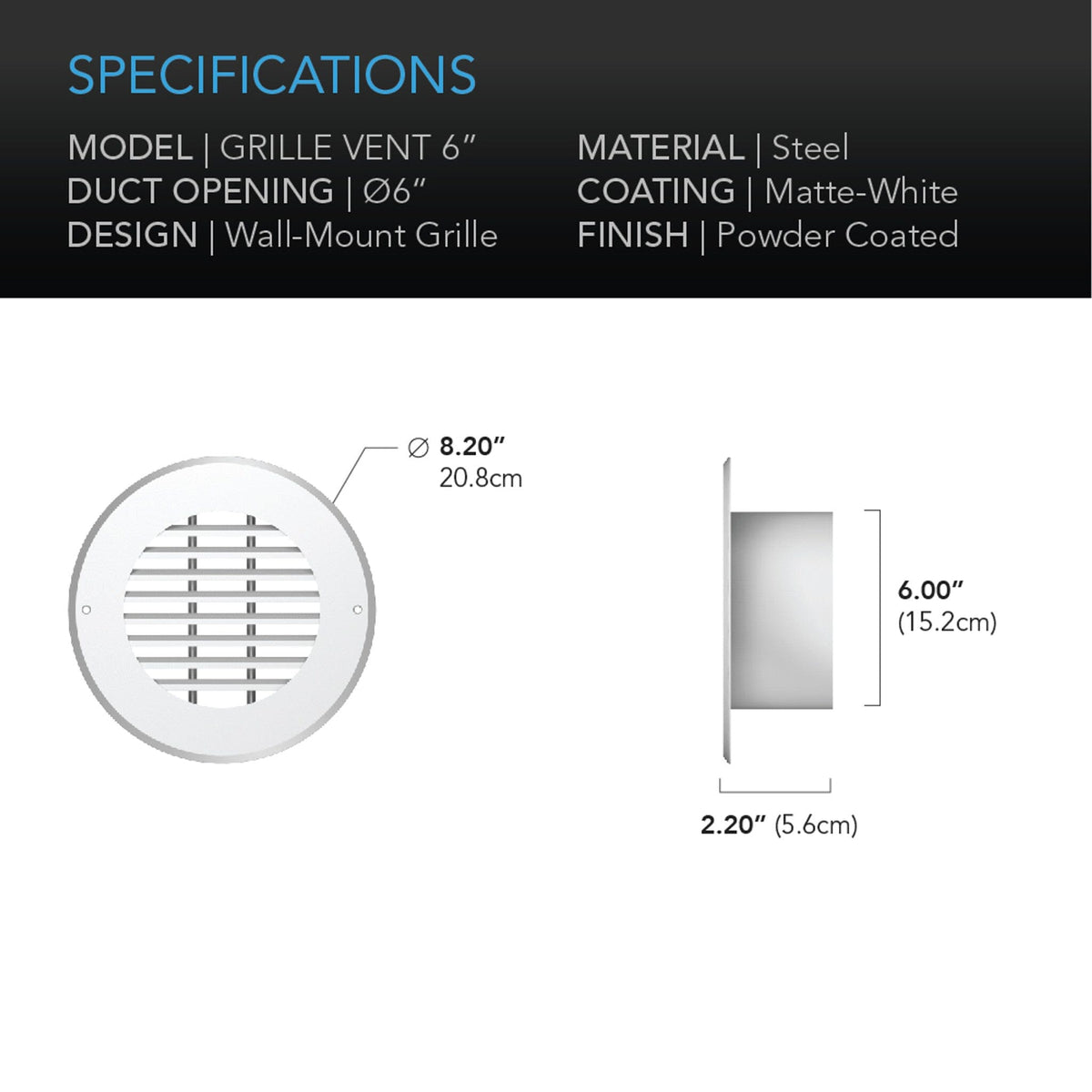 Wall-Mount Duct Grille Vent 6 inch specifications