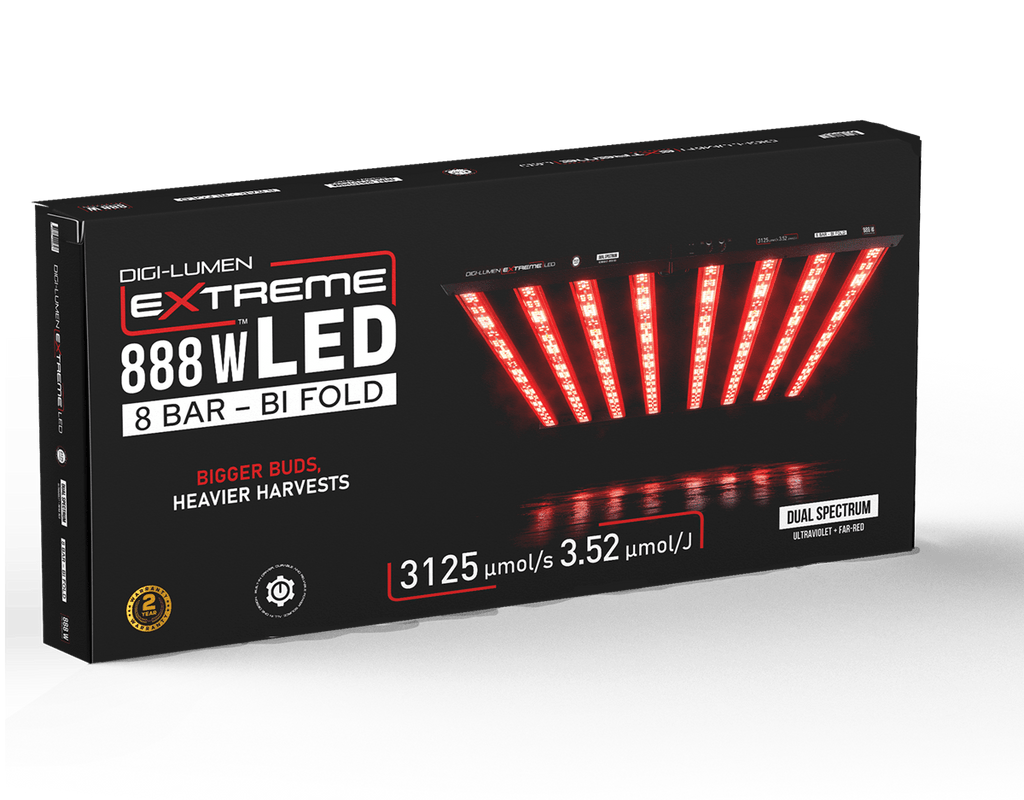 Digi-Lumen Extreme 888W LED retail box - 8 bar bi-fold, dual spectrum ultraviolet plus far-red, 3125 umol/s, 3.52 umol/J