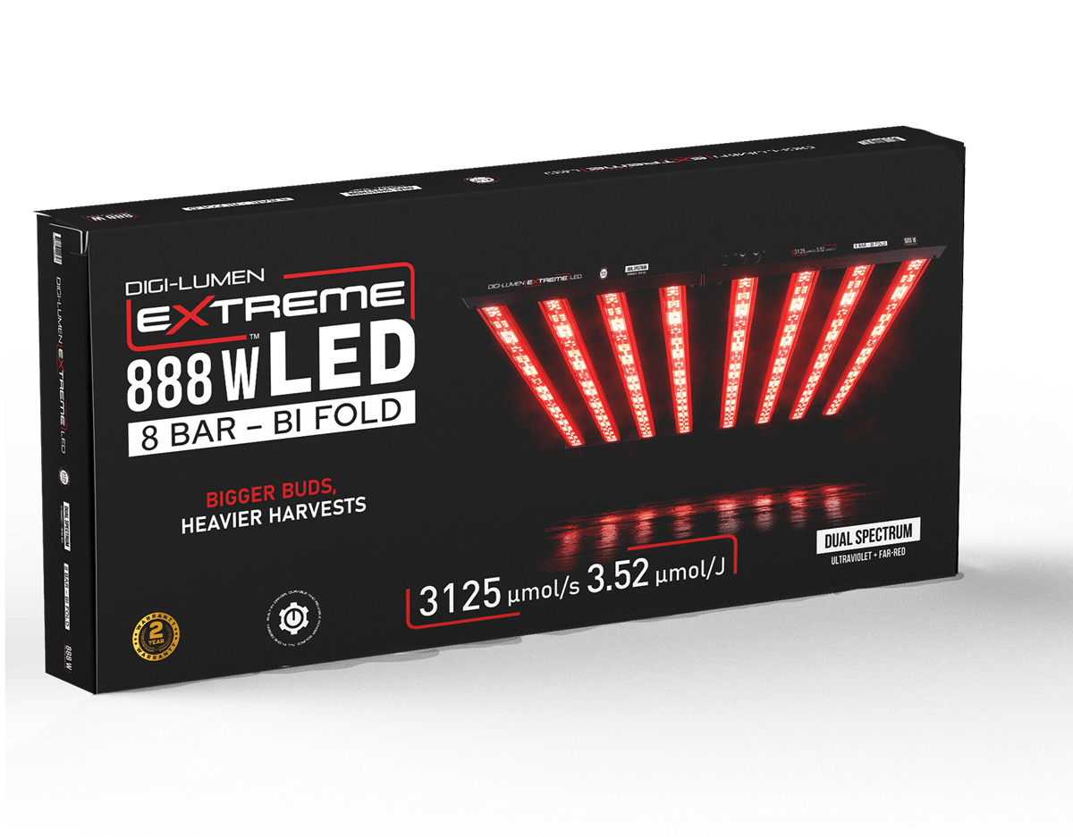 Digi-Lumen Extreme 888W LED retail box - 8 bar bi-fold, dual spectrum ultraviolet plus far-red, 3125 umol/s, 3.52 umol/J