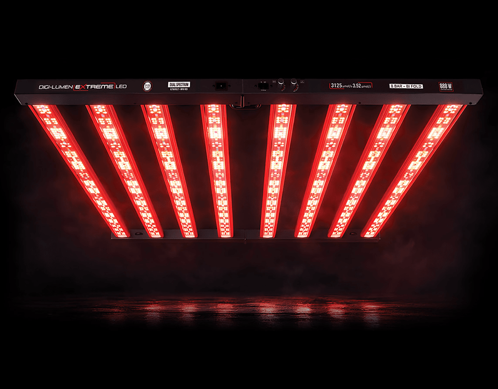 Digi-Lumen Extreme 888W Dual Spectrum LED grow light, 8-bar bi-fold fixture, alternate view