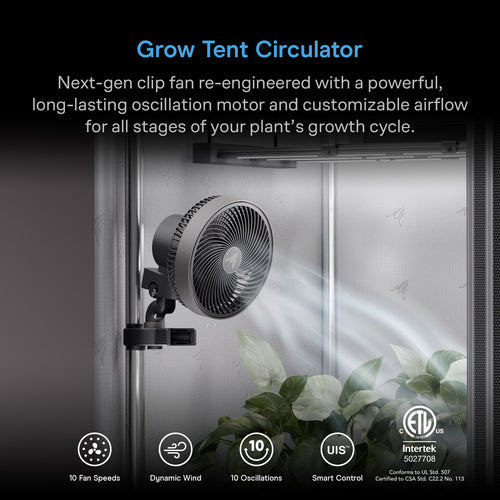 AC Infinity Cloudray S6 Gen 2 clipped to a grow tent pole, circulating air