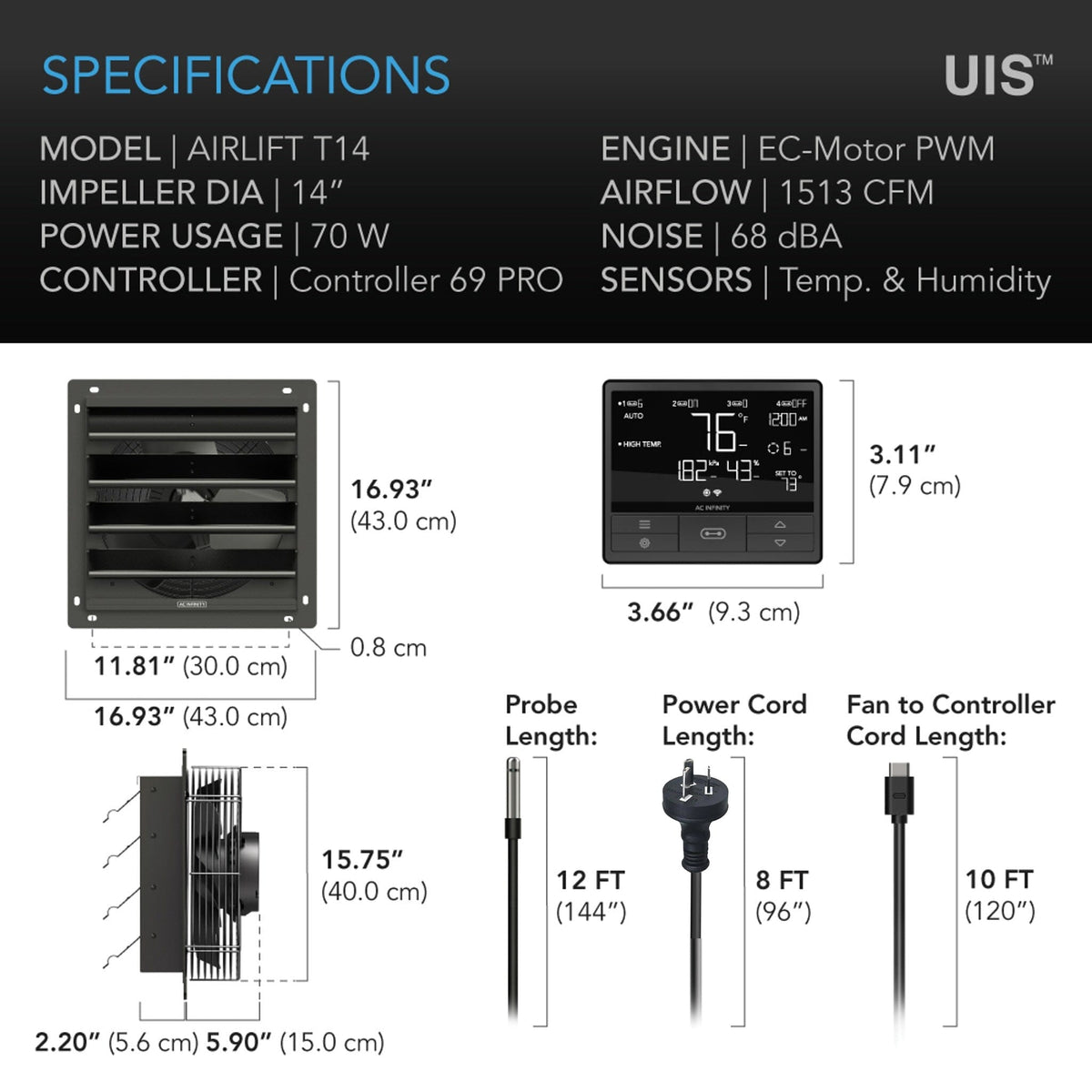 Airlift T14 Shutter fan specifications, AC Infinity