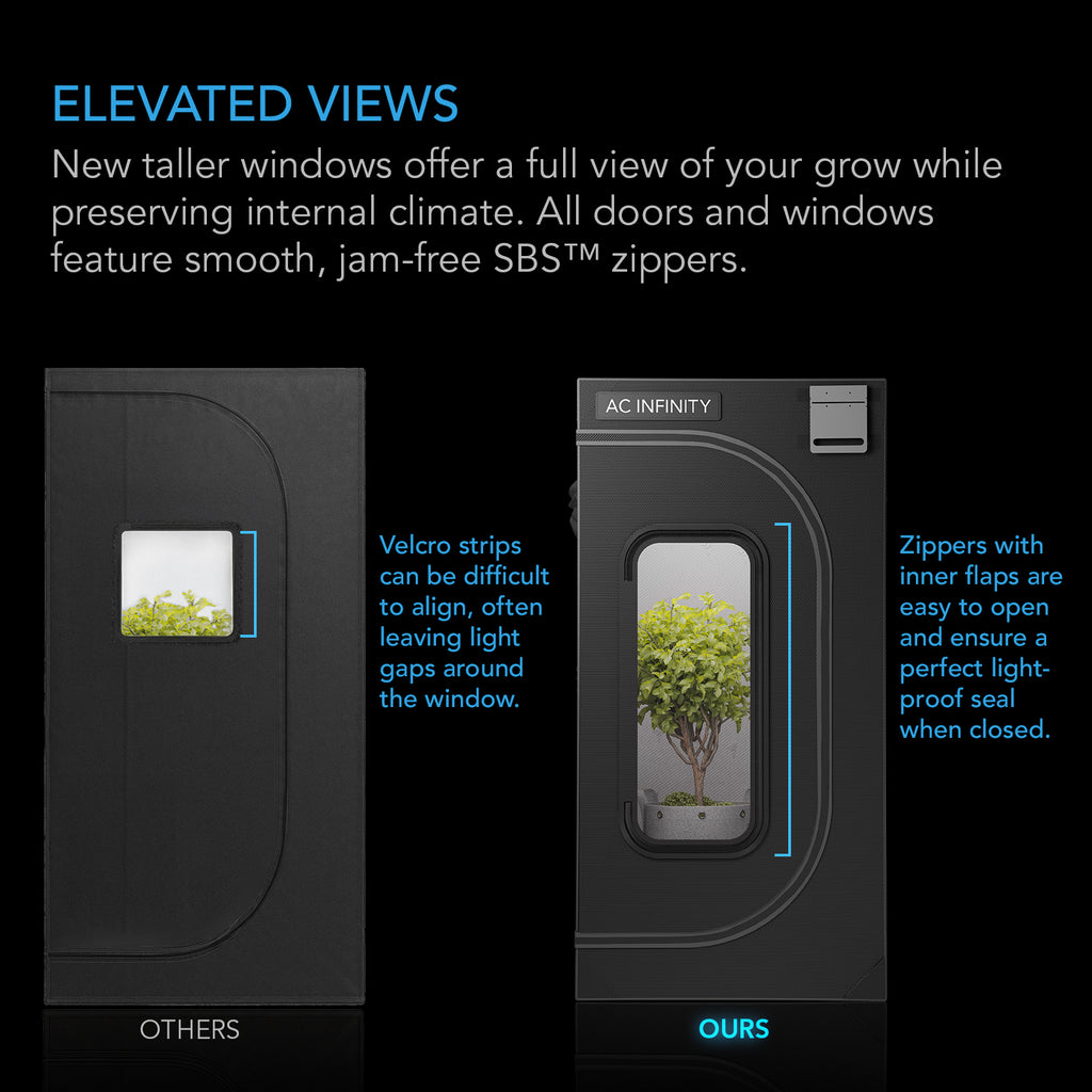 AC Infinity CLOUDLAB 866 grow tent: tall viewing window and SBS zips