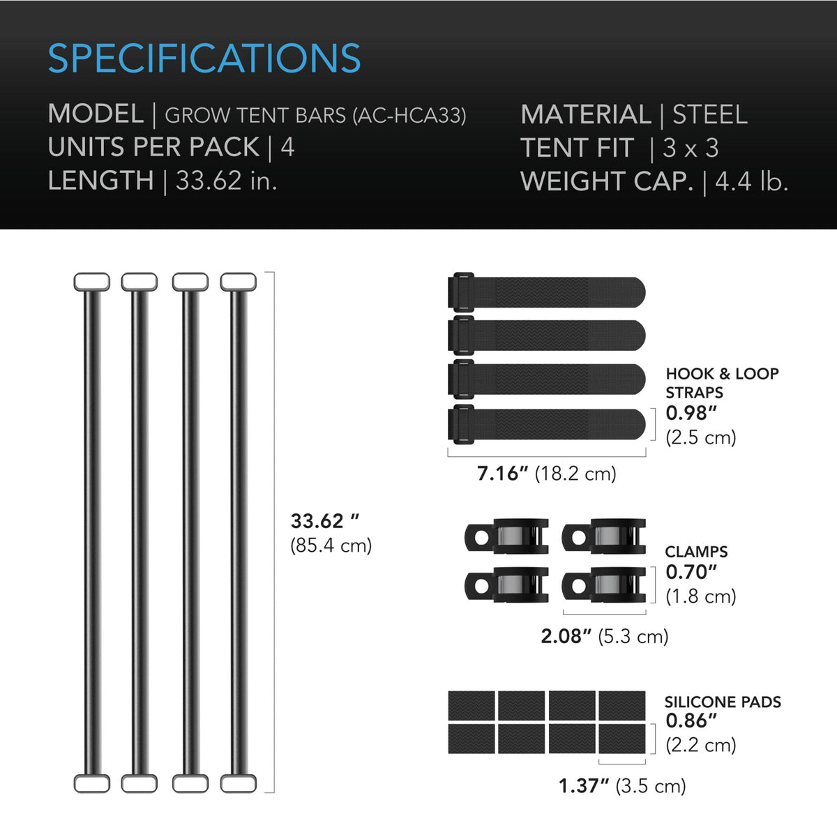 Grow tent mounting bars 3x3 specifications