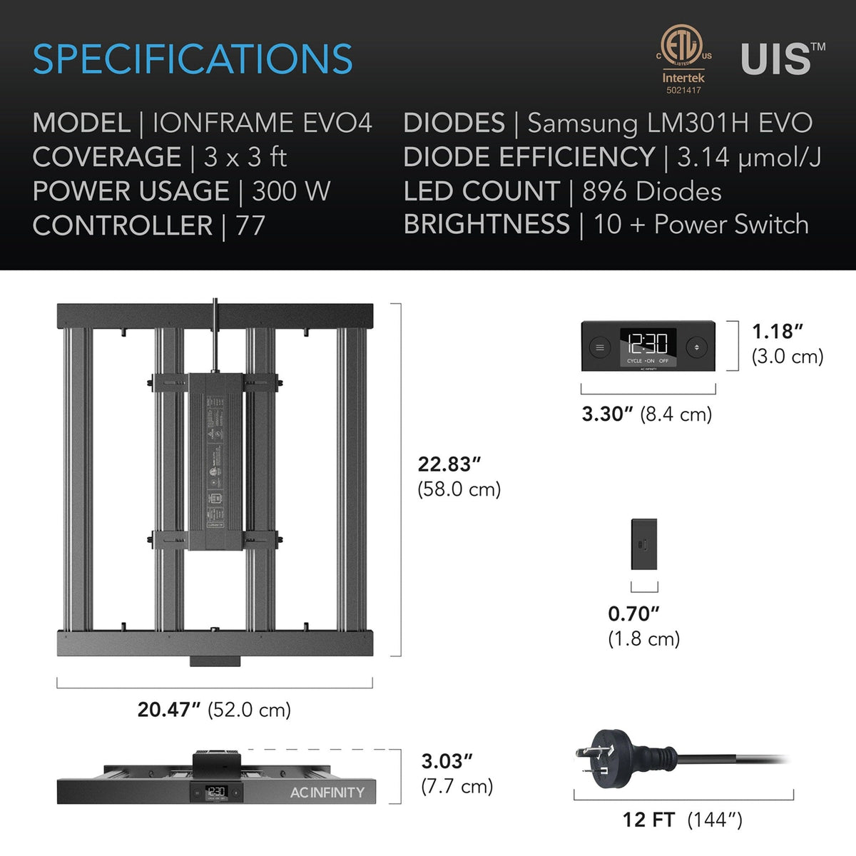 Ionframe Evo4 LED Grow Light specification, AC Infinity