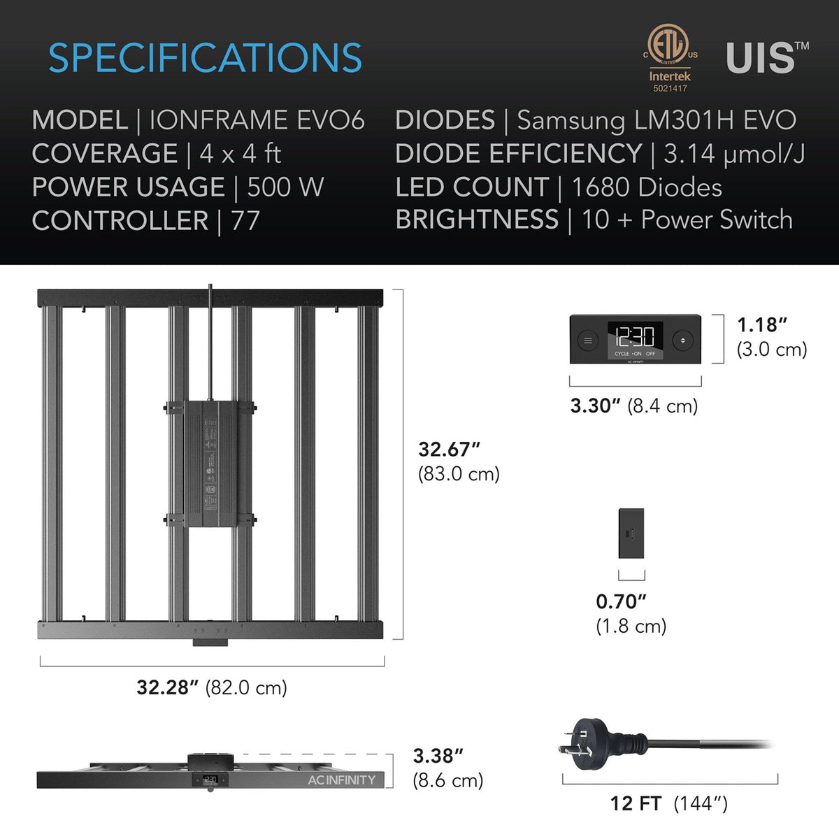 Ionframe Evo 6 LED Grow lights specifications, AC Infinity