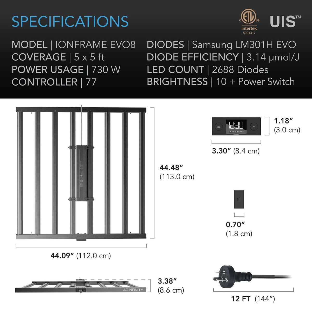 Ionframe Evo8 LED Grow light specifications, AC Infinity