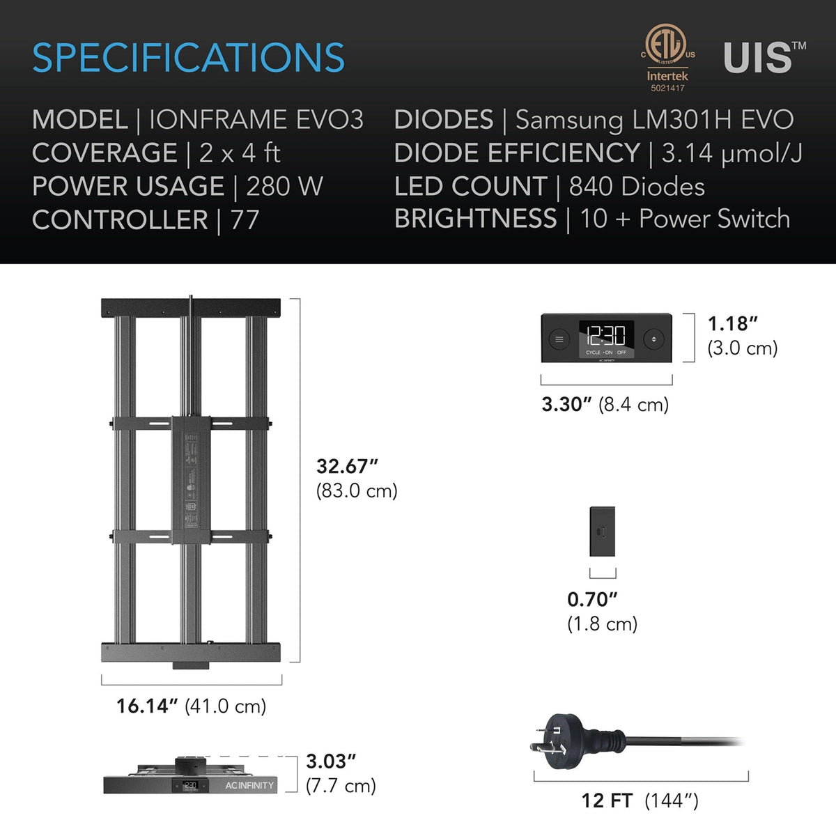 Ionframe Evo3 LED Grow Light specifications, AC Infinity