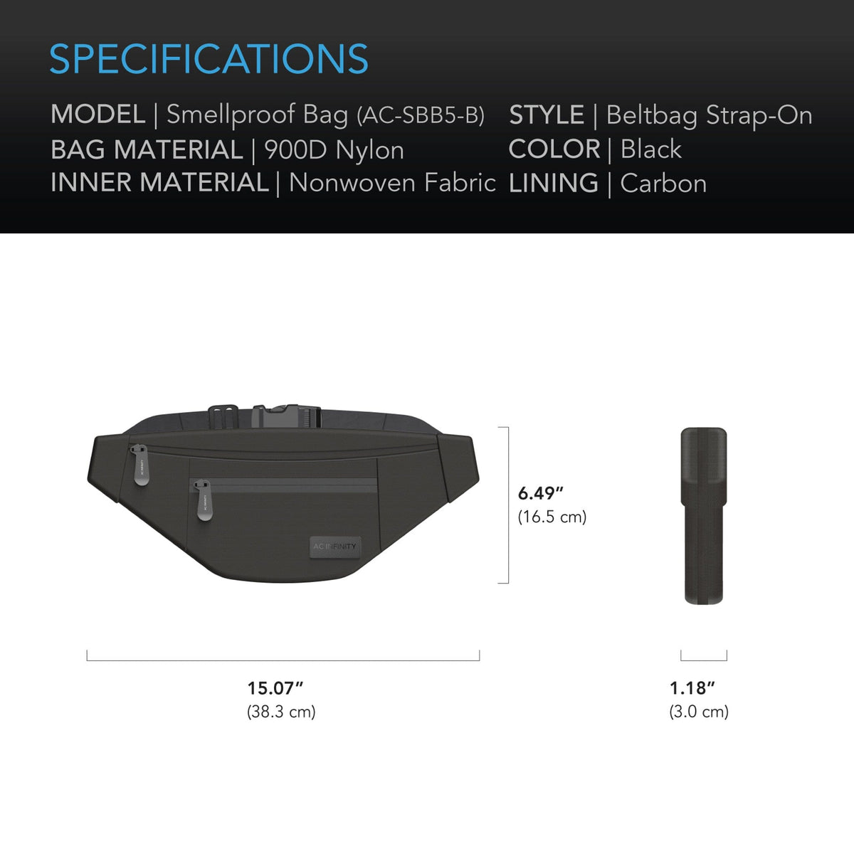 Smellproof belt bag specification black