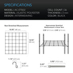 AC Infinity 2x2 trellis netting specifications: 48 x 48 cm at rest, 61 x 61 cm stretched, 36 cells, 3 mm cord