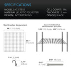 AC Infinity 5x5 trellis netting specifications: 112 x 112 cm at rest, 152 x 152 cm stretched, 196 cells, 3 mm cord