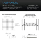 AC Infinity 3x3 trellis netting specifications: 72 x 72 cm at rest, 91 x 91 cm stretched, 81 cells, 3 mm cord