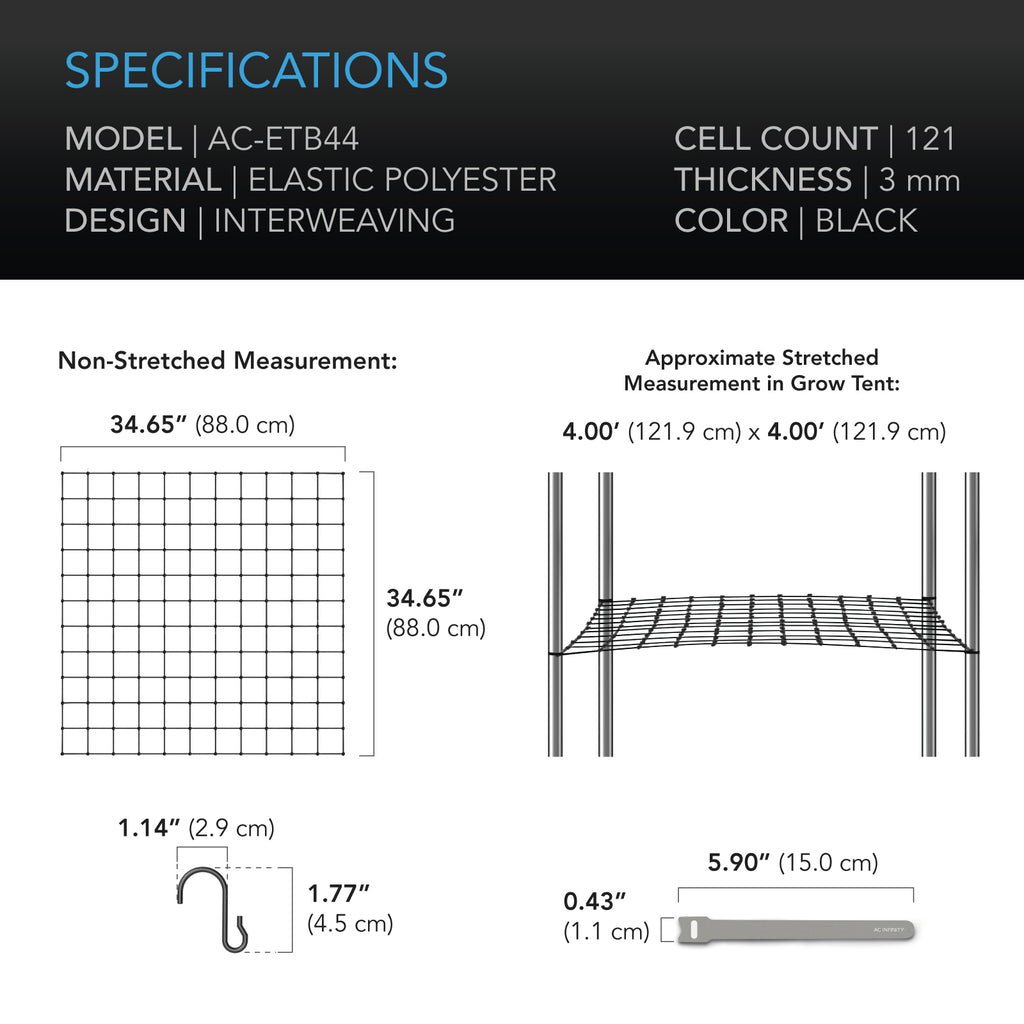 AC Infinity 4x4 trellis netting specifications: 88 x 88 cm at rest, 122 x 122 cm stretched, 121 cells, 3 mm cord