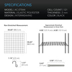 AC Infinity 4x4 trellis netting specifications: 88 x 88 cm at rest, 122 x 122 cm stretched, 121 cells, 3 mm cord