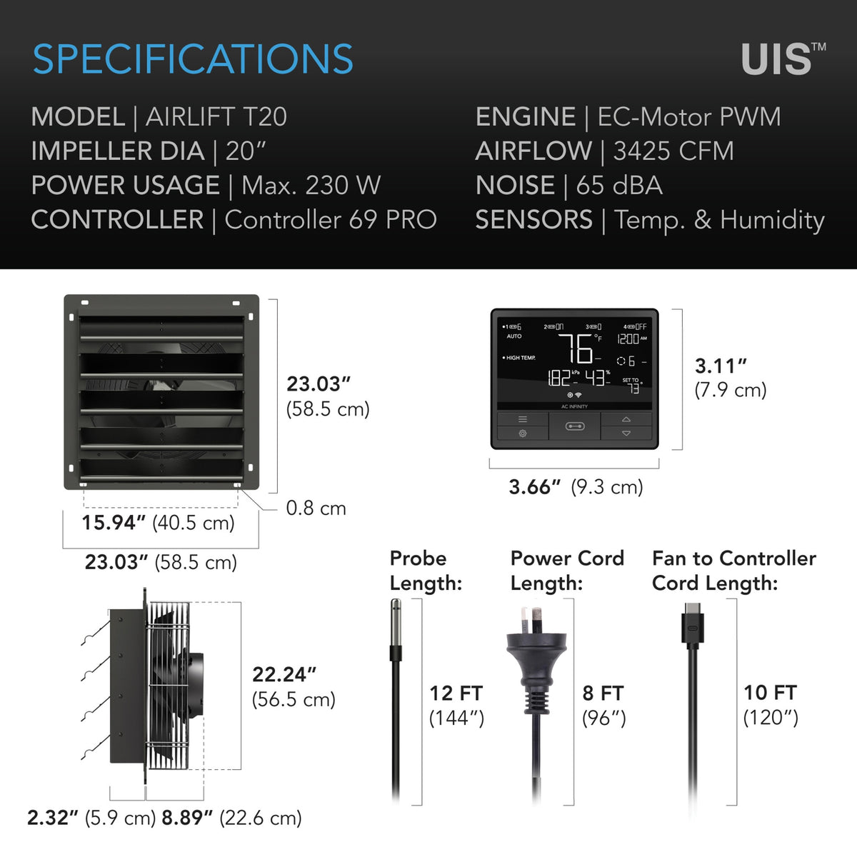 T20 Airlift shutter fan specifications