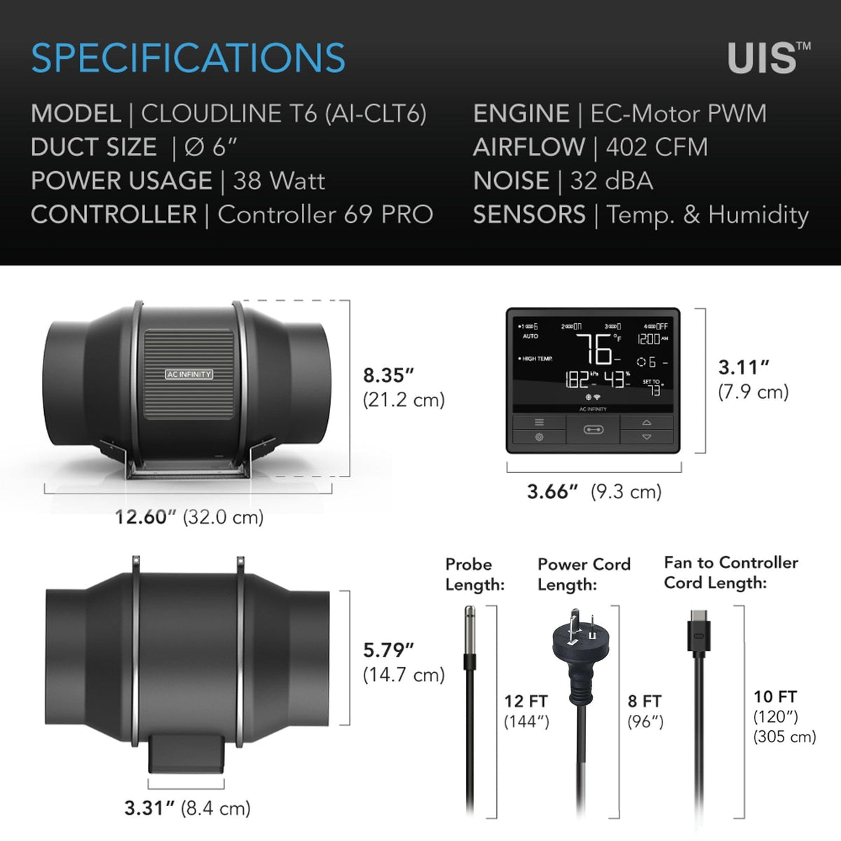 Cloudline T6 inline fan specifications, AC Infinity