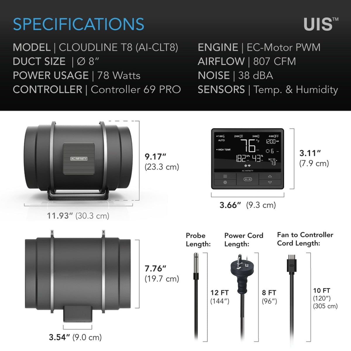 T8 Cloudline pro fan specifications