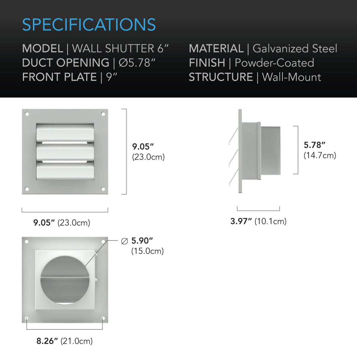 Wall Shutter Grille 6 inch Specifications