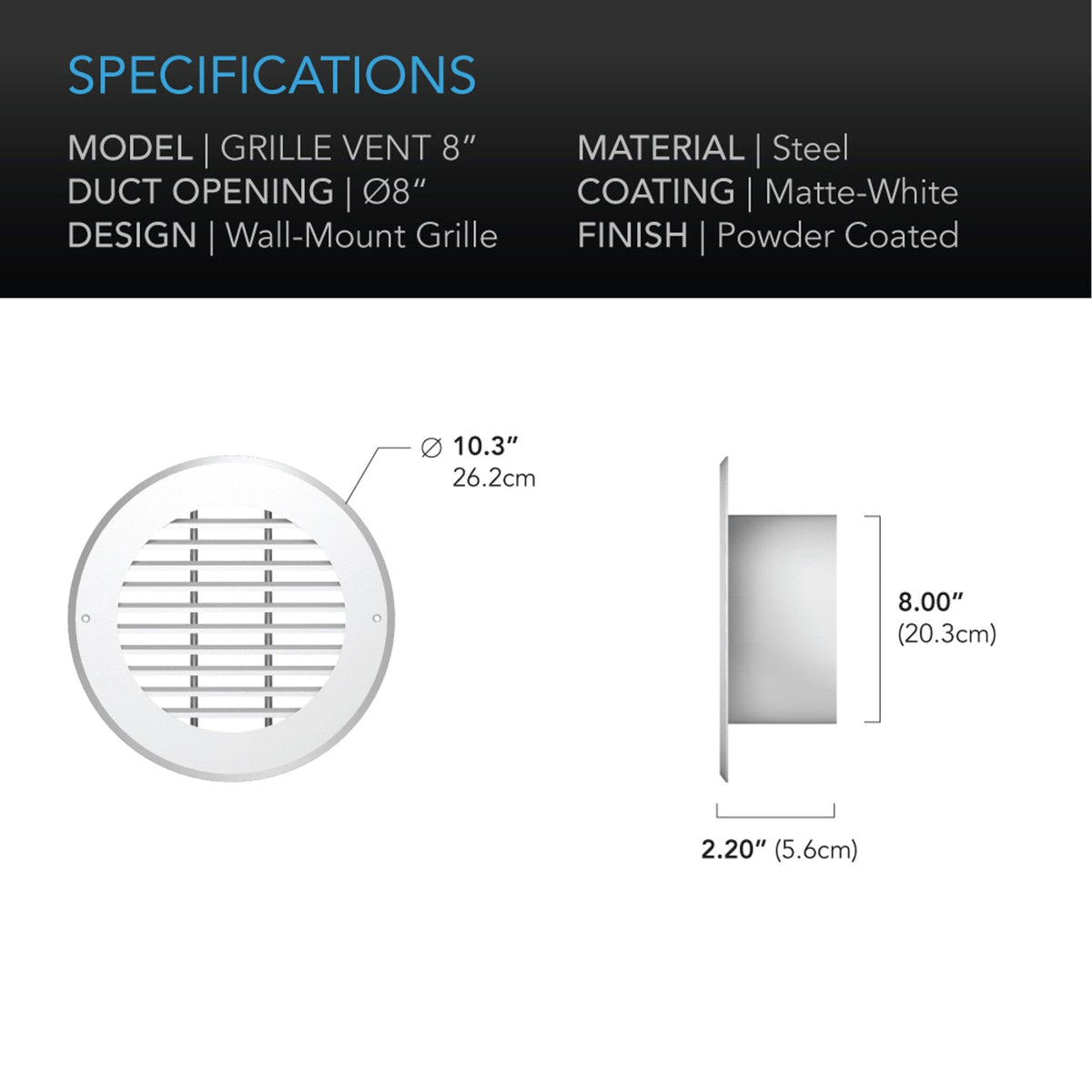 Wall-Mounted Duct Grille Vent 8 inch Specifications