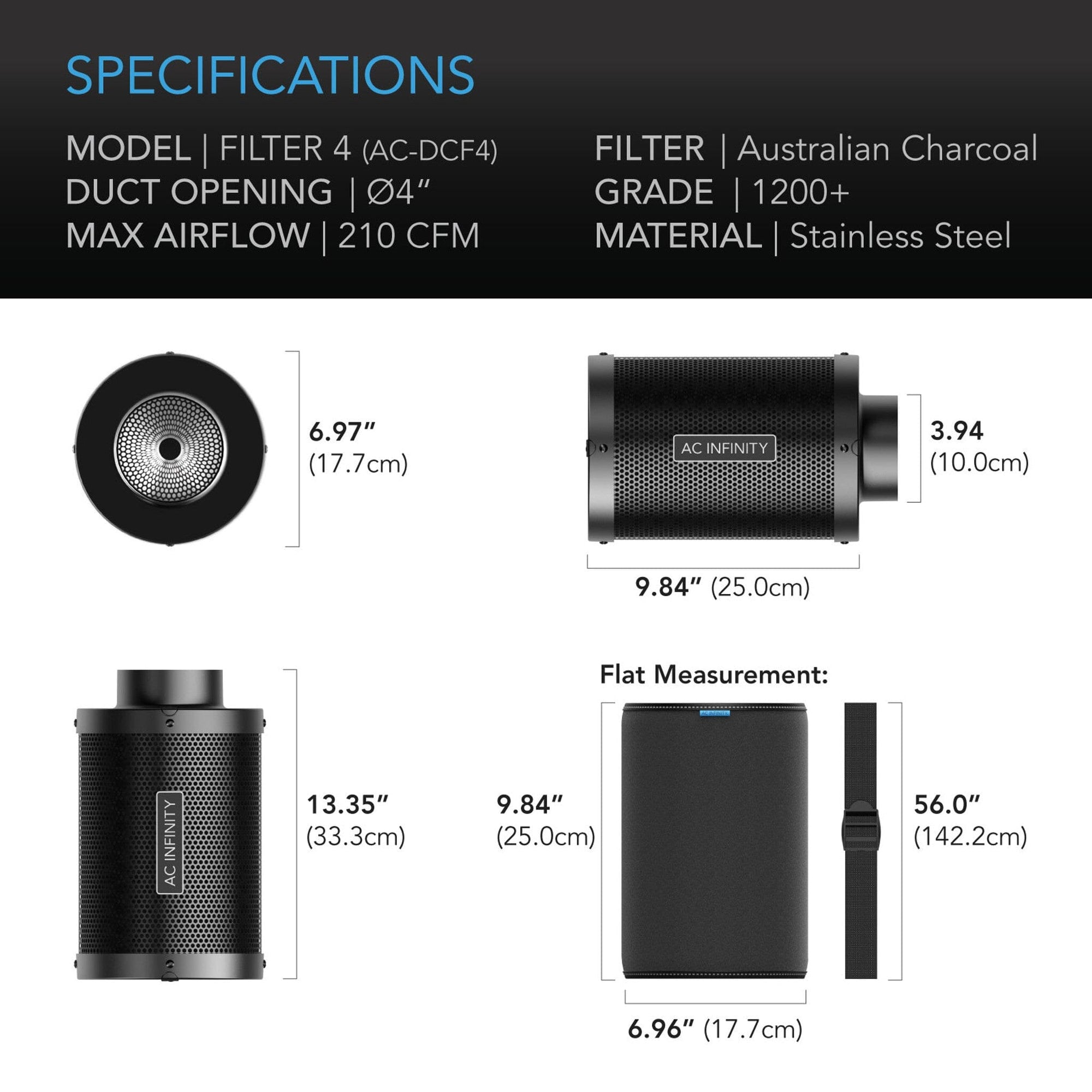 AC Infinity, Duct Carbon Filter, Australian Charcoal, 4 Inch - 100 MM - Quick Bloom Lights