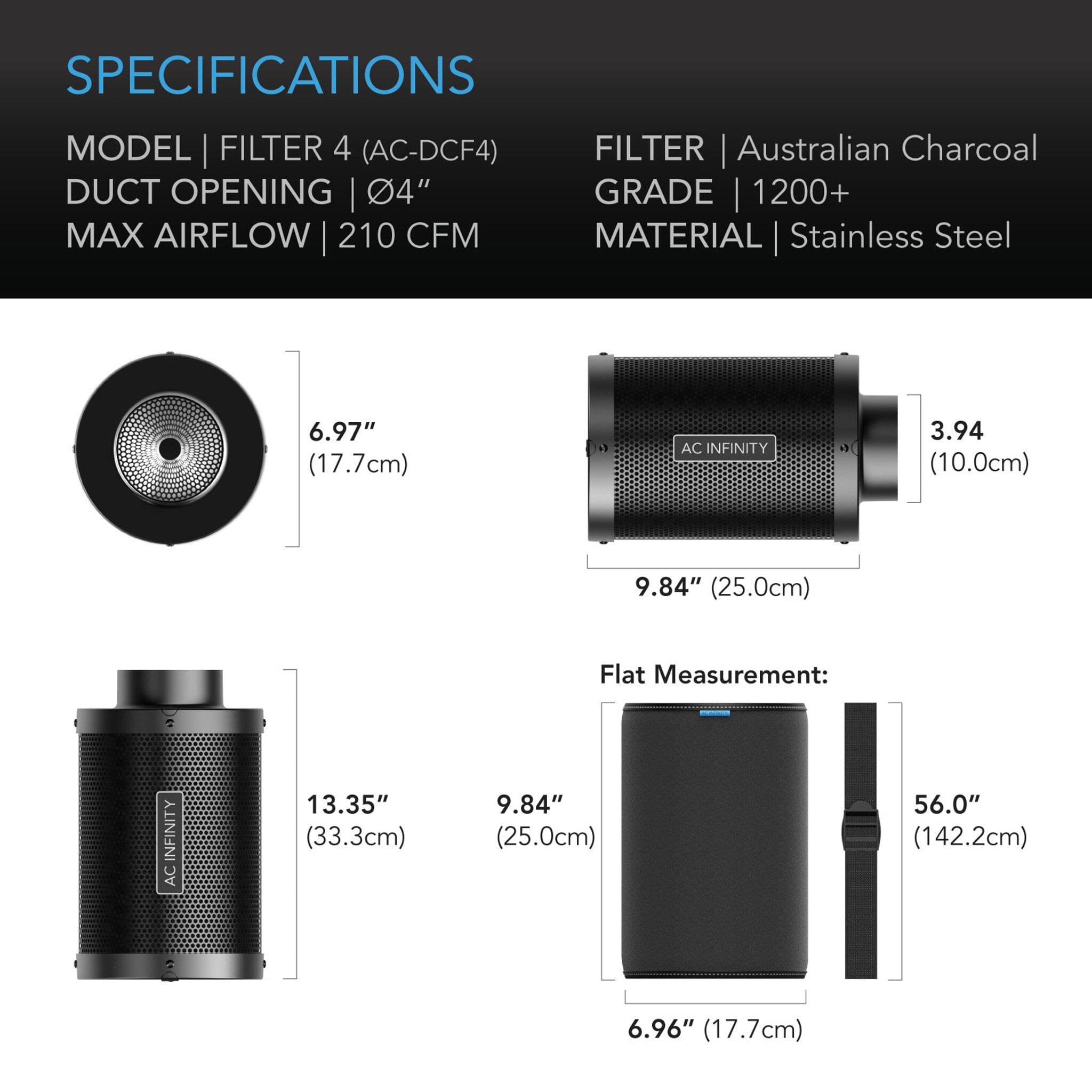 AC Infinity, Duct Carbon Filter, Australian Charcoal, 4 Inch - 100 MM - Quick Bloom Lights
