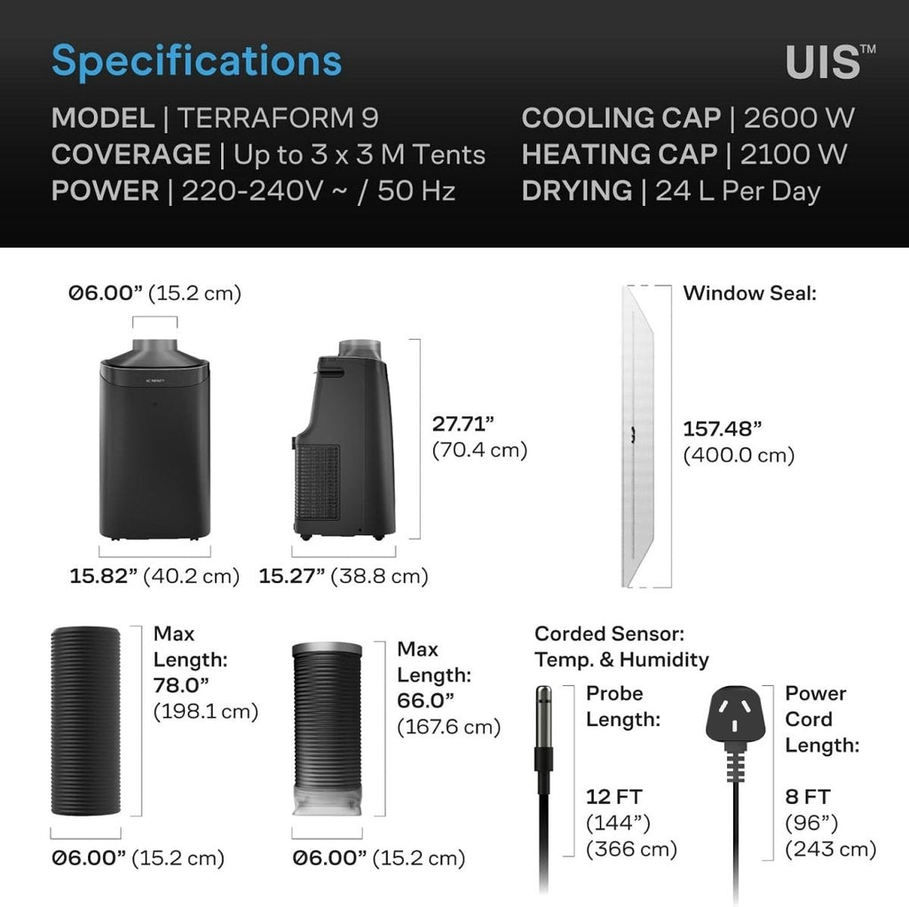AC Infinity TERRAFORM 9 specifications and dimensions: 2,600 W cooling, 2,100 W heating, 24 L/day drying, 220-240 V 50 Hz, Australian plug