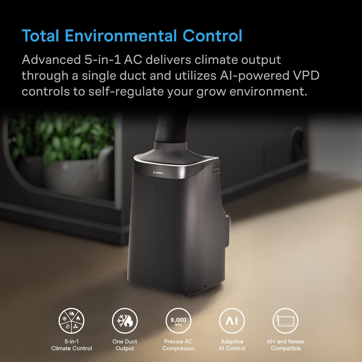 AC Infinity TERRAFORM 9 total environmental control: 5-in-1 climate control, one duct output, 9,000 BTU compressor, adaptive AI control, AI+ and newer compatible