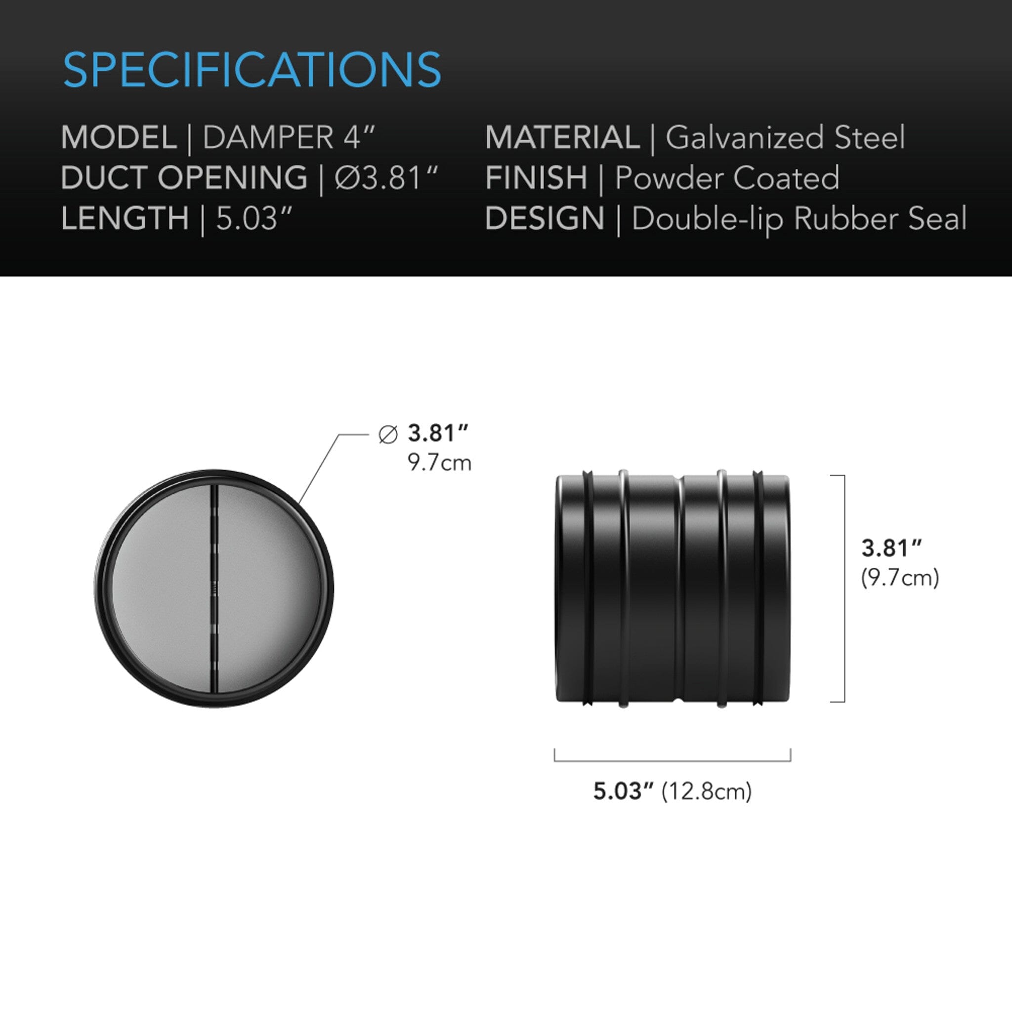 Backdraft Damper Ducting Insert, 100 mm (4 inch), Black Galvanised Steel - Quick Bloom Lights