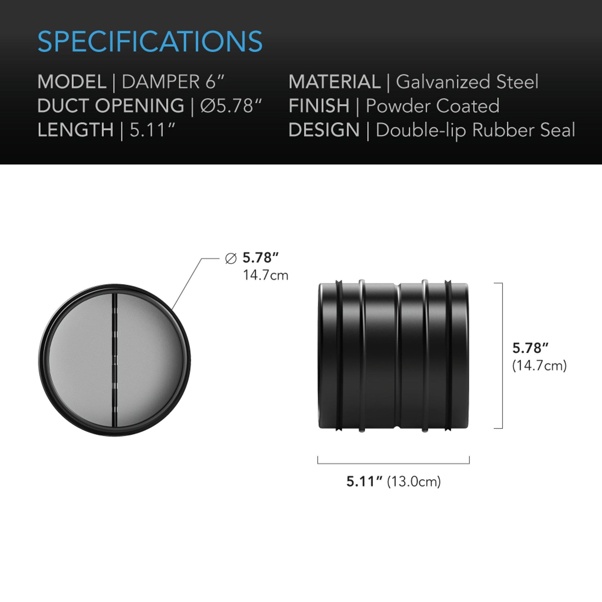 Backdraft Damper Ducting Insert, 150 mm (6 inch), Black Galvanised Steel - Quick Bloom Lights