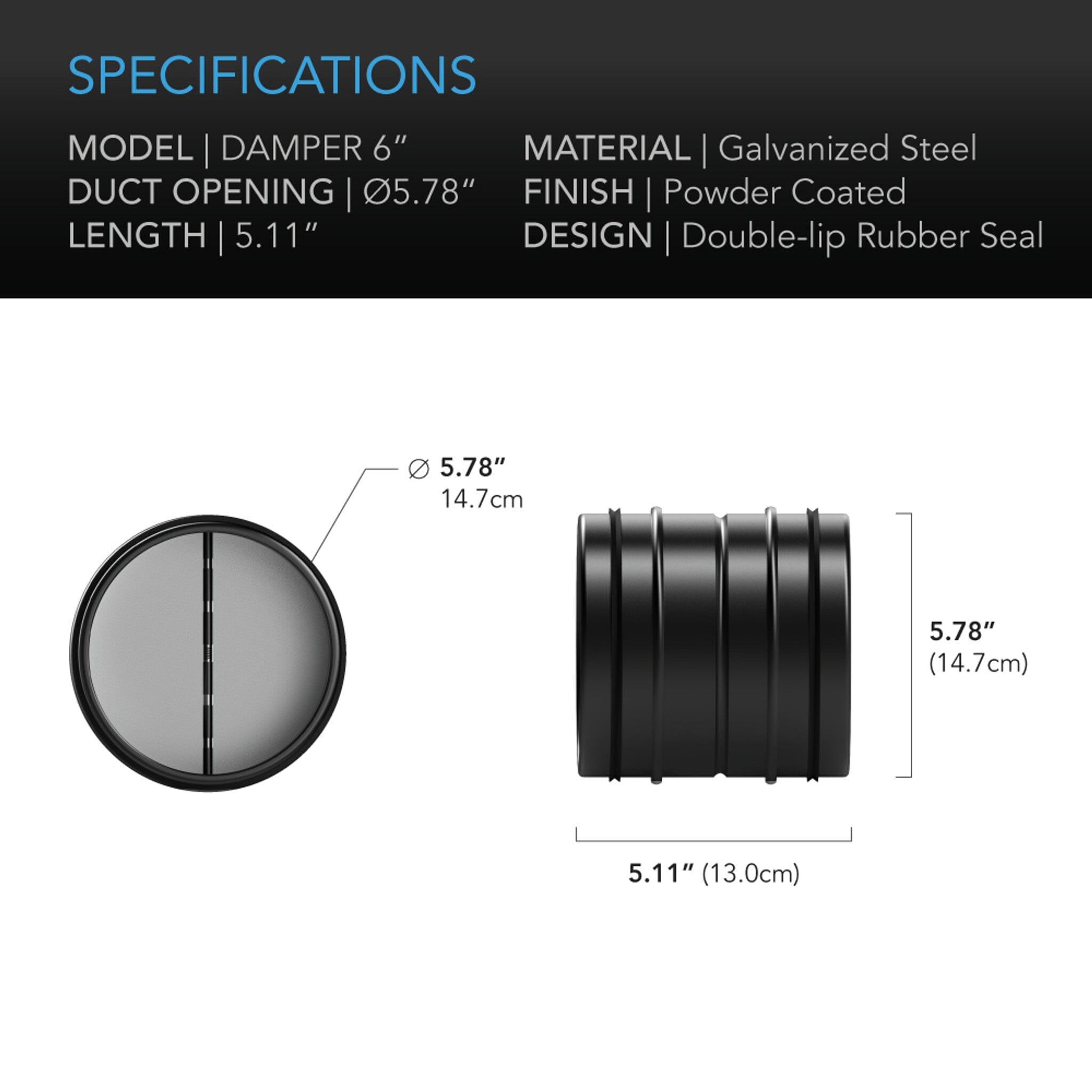Backdraft Damper Ducting Insert, 150 mm (6 inch), Black Galvanised Steel - Quick Bloom Lights