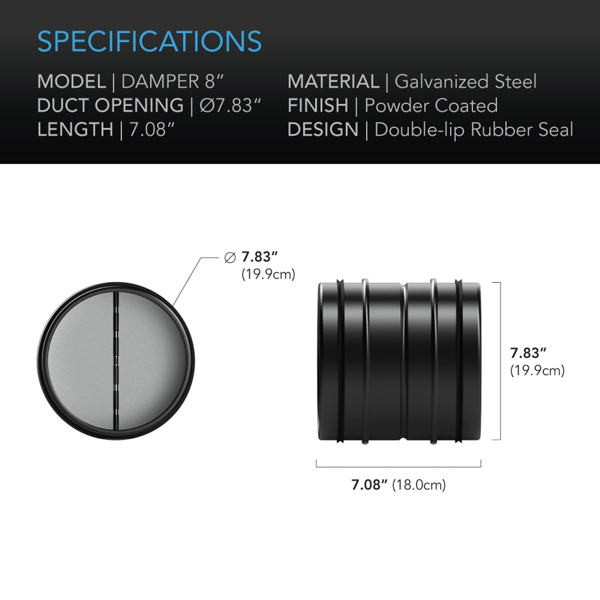 Backdraft Damper Ducting Insert, 200 mm (8 inch), Black Galvanised Steel - Quick Bloom Lights