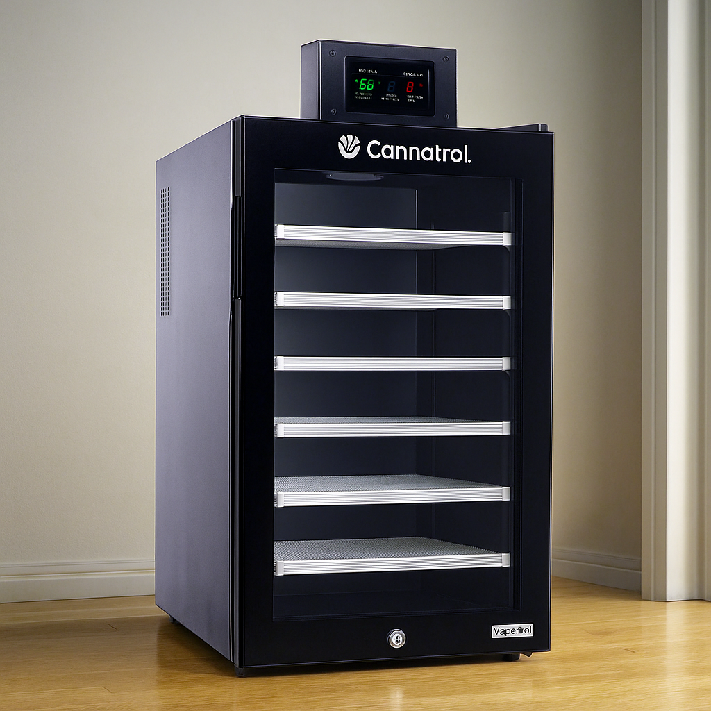 Front view of the Cannatrol Cool Cure unit – a precision curing and storage chamber designed for controlled humidity and temperature, ideal for preserving herbs, produce, or botanicals in optimal conditions.