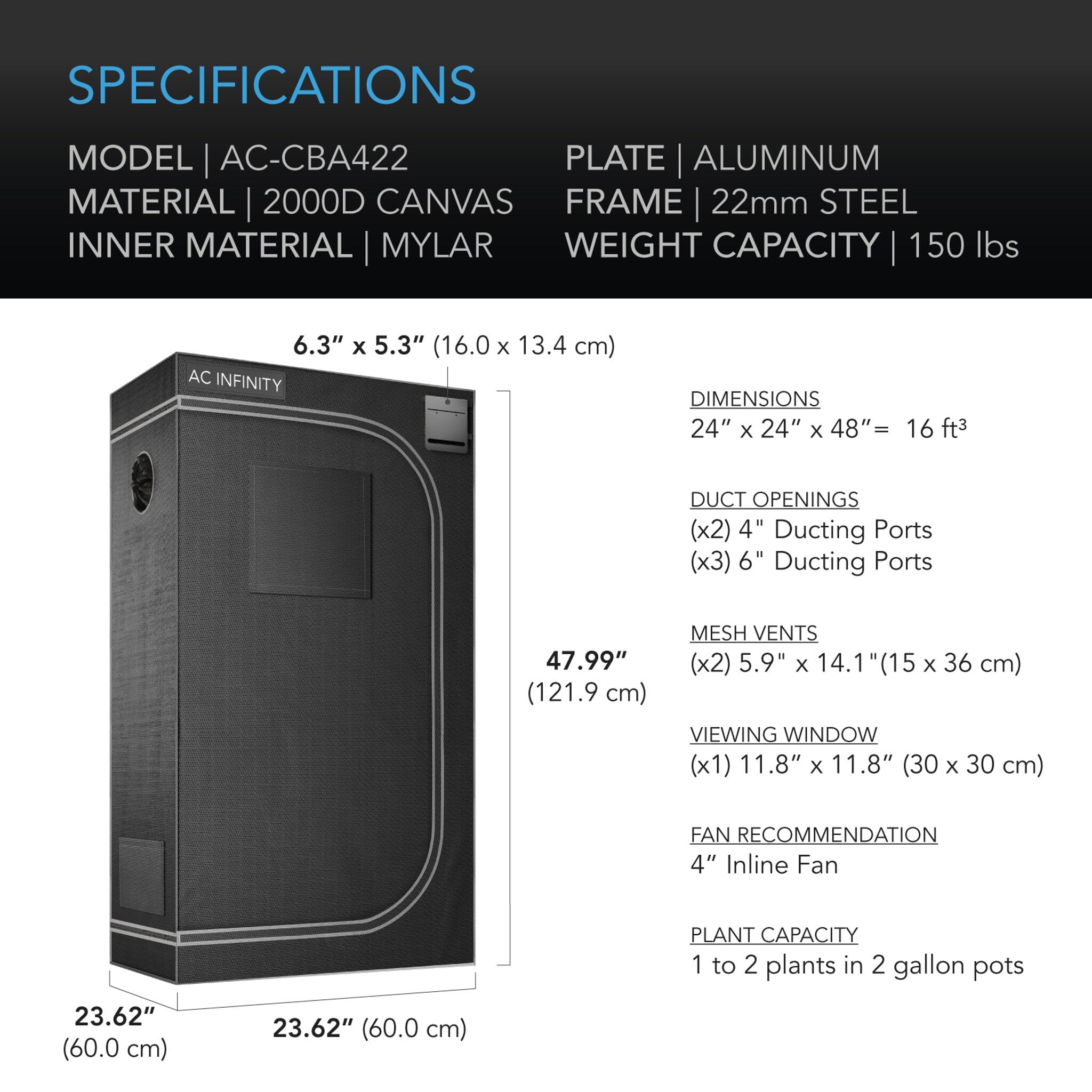 Cloudlab 422, Advance Grow Tent 60x60x121 Cm, 2000D Diamond Mylar Canvas - Quick Bloom Lights
