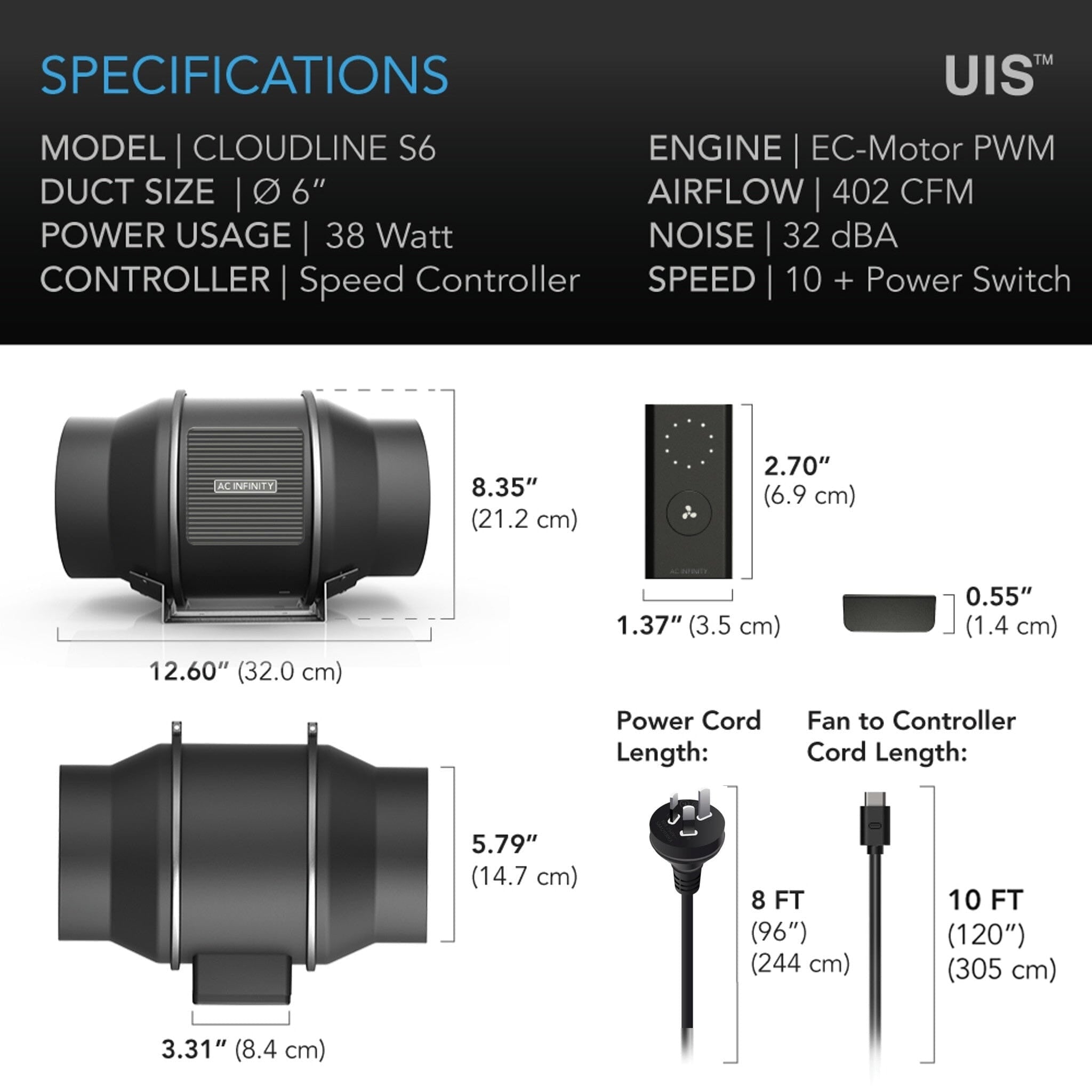 Cloudline PRO S6, AC Infinity, Quiet Inline Duct Fan With Speed Controller, 150 MM - Quick Bloom Lights