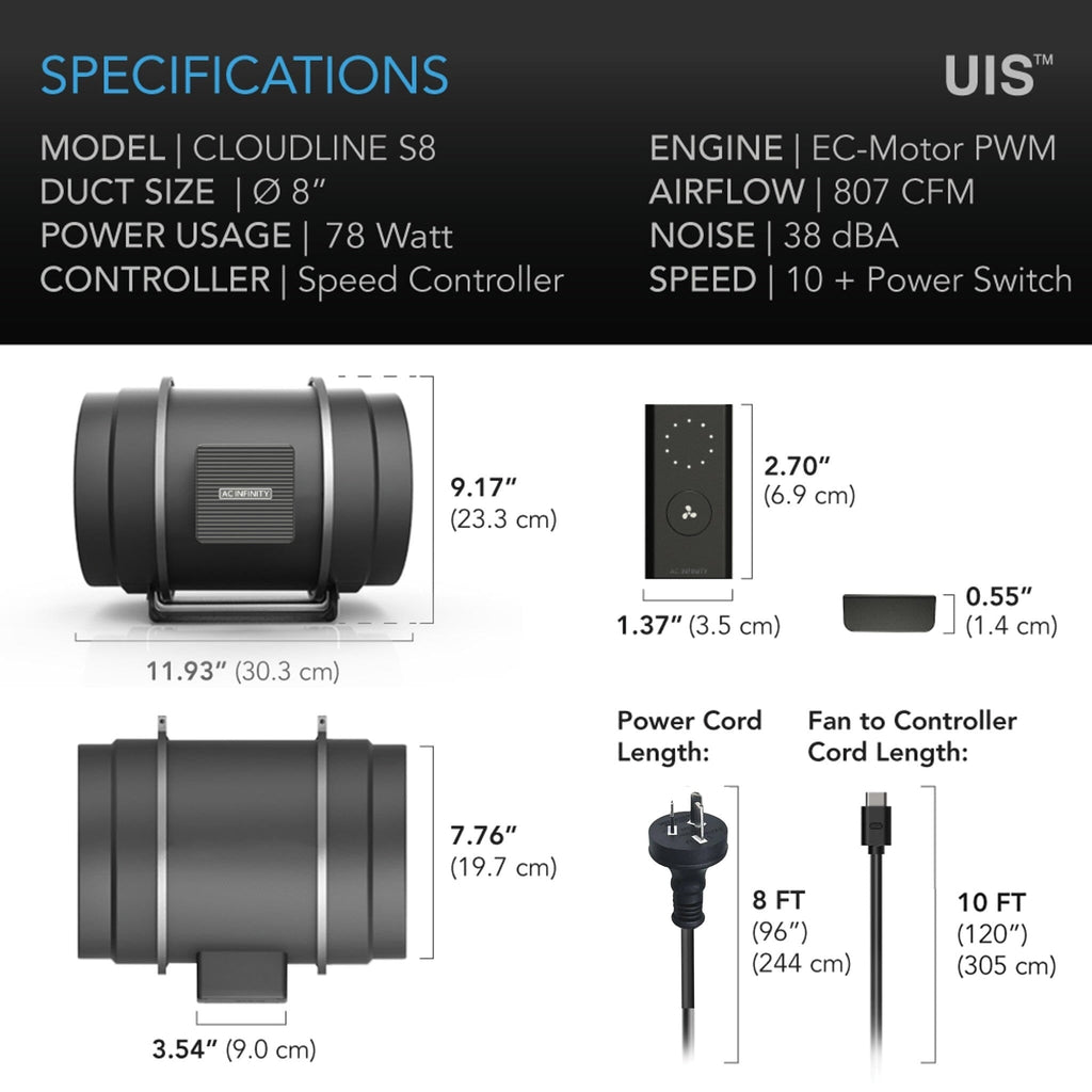 Cloudline PRO S8, AC Infinity, Quiet Inline Duct Fan With Speed Controller, 200 MM - Quick Bloom Lights
