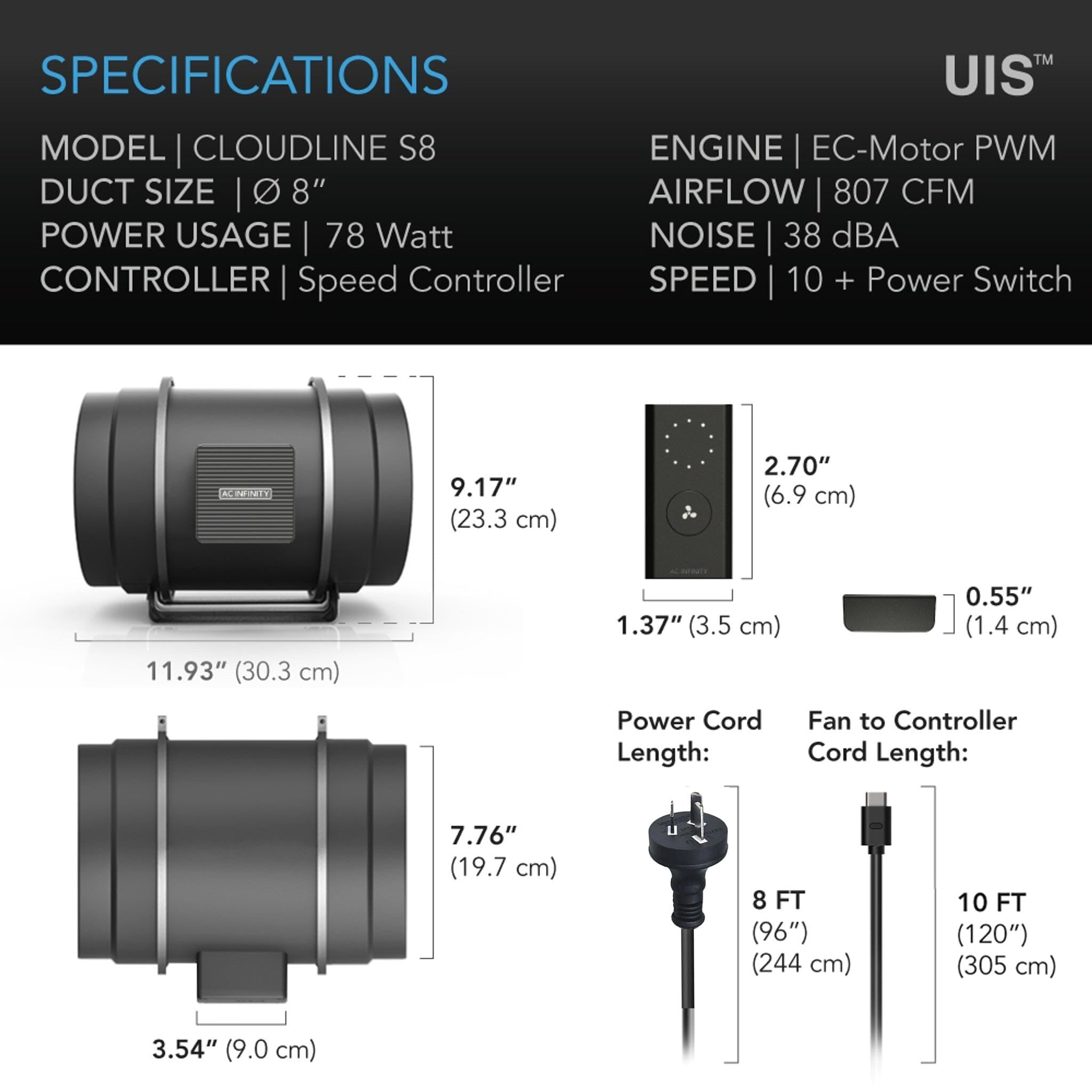 Cloudline PRO S8, AC Infinity, Quiet Inline Duct Fan With Speed Controller, 200 MM - Quick Bloom Lights