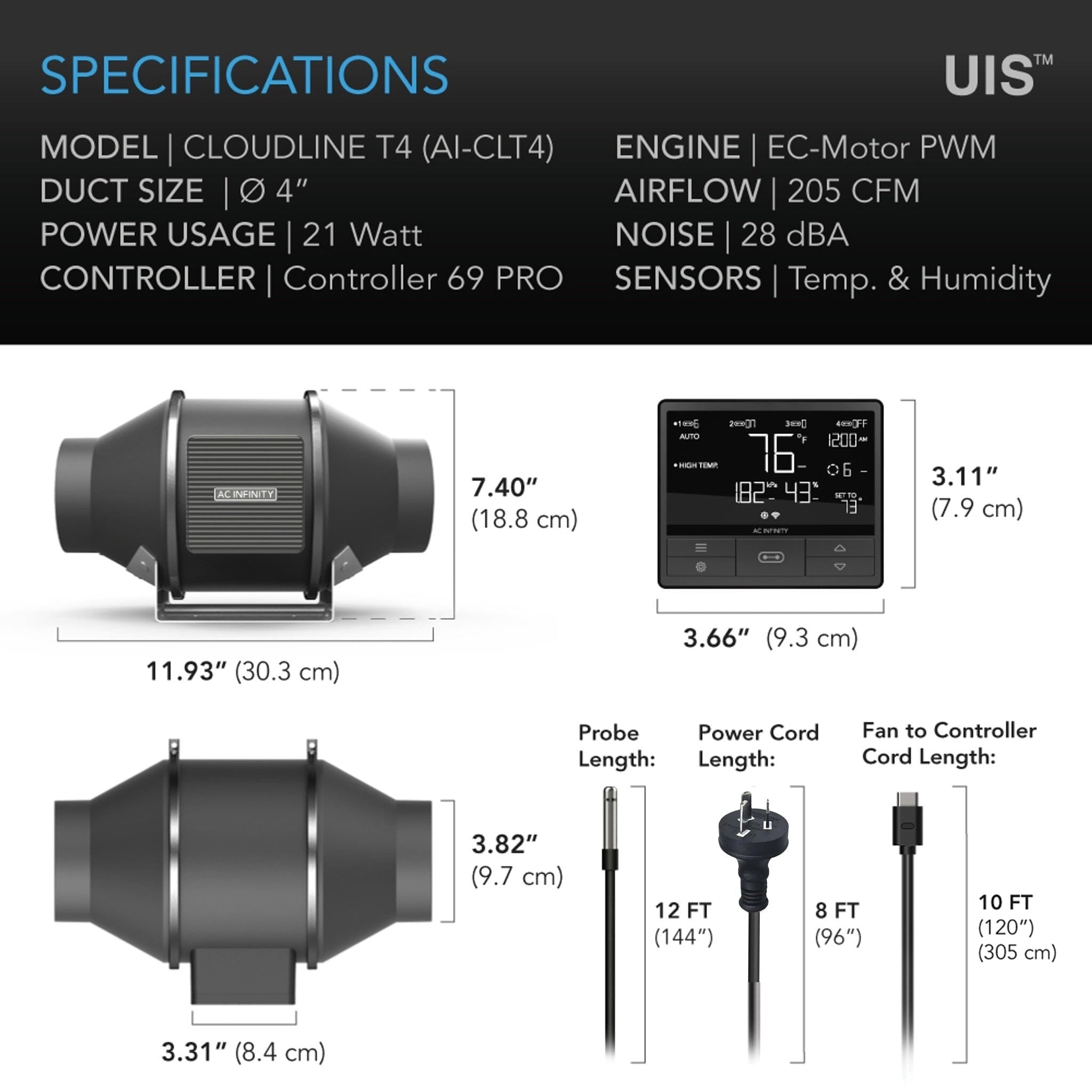 Cloudline PRO T4, AC Infinity, Quiet Inline Duct Fan with Controller 69 Pro, 100 MM - Quick Bloom Lights
