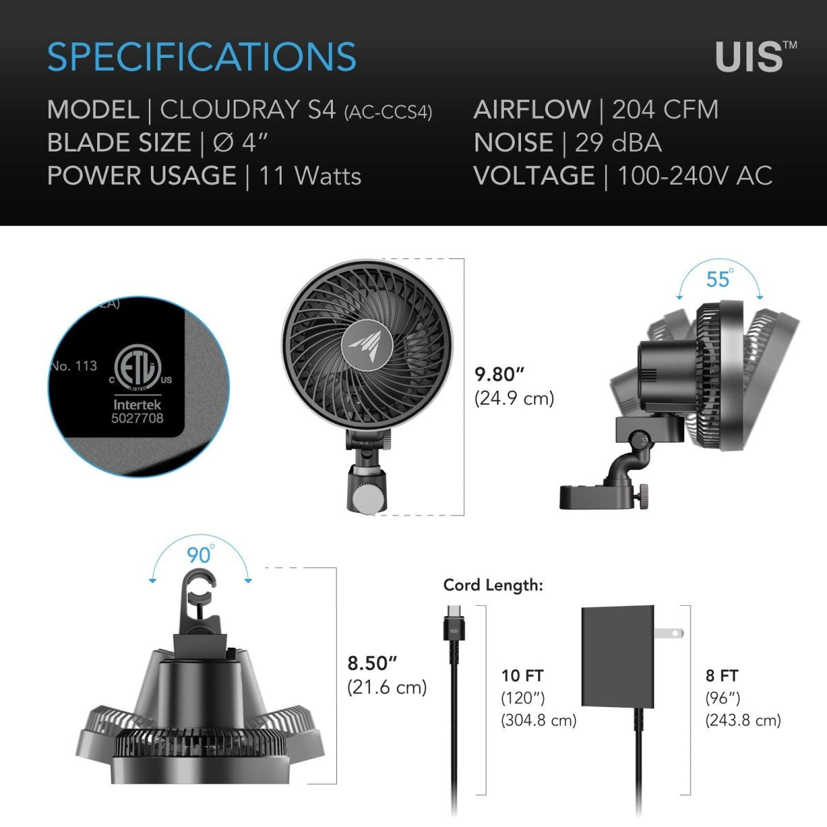Cloudray S4, Grow Tent Clip Fan,4inch w 10 Speeds and Dynamic Wind - Quick Bloom Lights