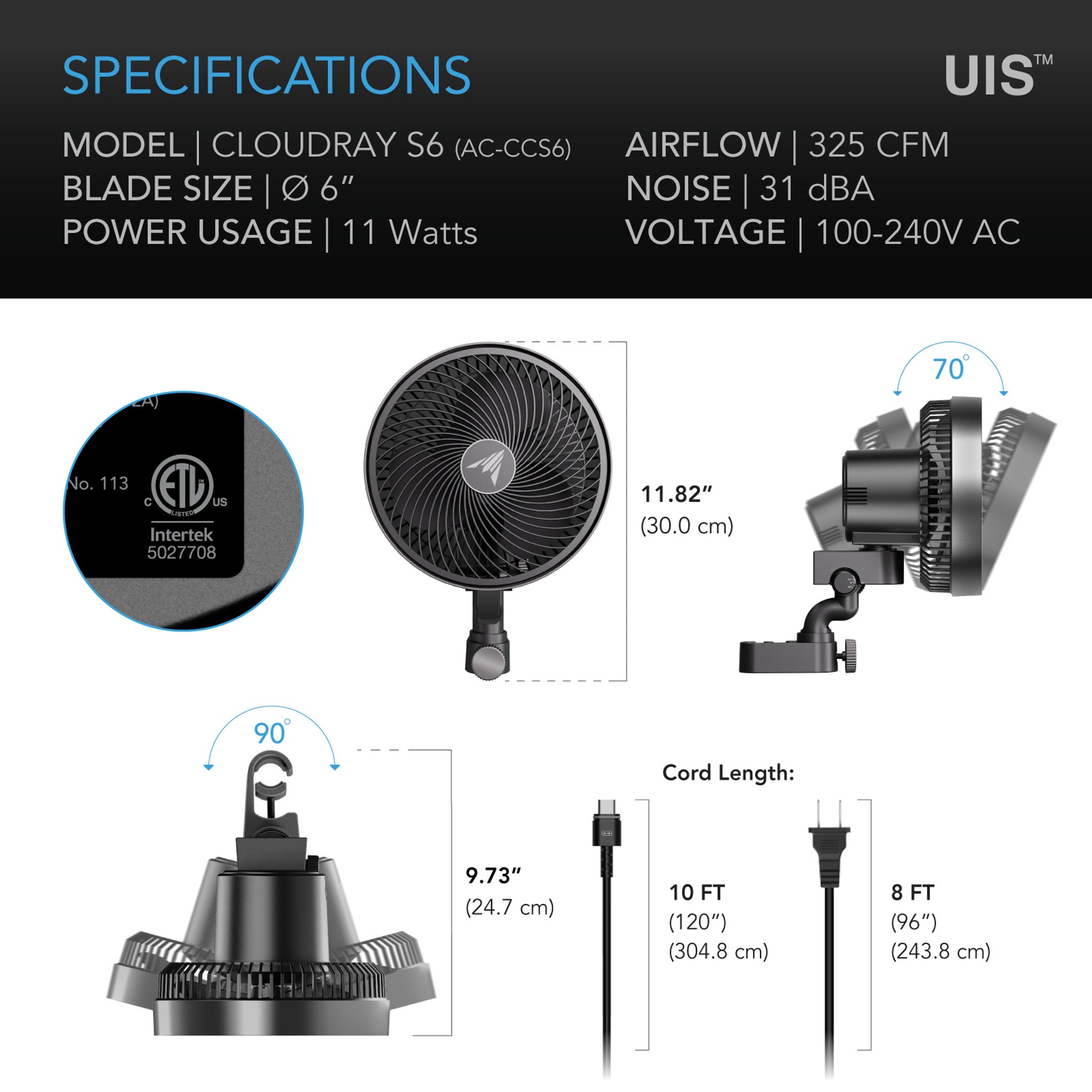 Cloudray S6, Gen 2 Grow Tent Clip Fan 6” With 10 Level Dynamic Wind modes & Fan Speeds,, 10 - Level Oscillation - Quick Bloom Lights