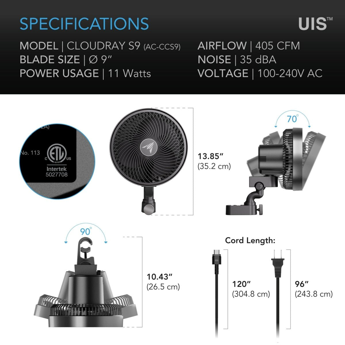 Cloudray S9, Gen 2 Grow Tent Clip Fan 9” With 10 Level Dynamic Wind modes & Fan Speeds, 10 - Level Auto Oscillation - Quick Bloom Lights