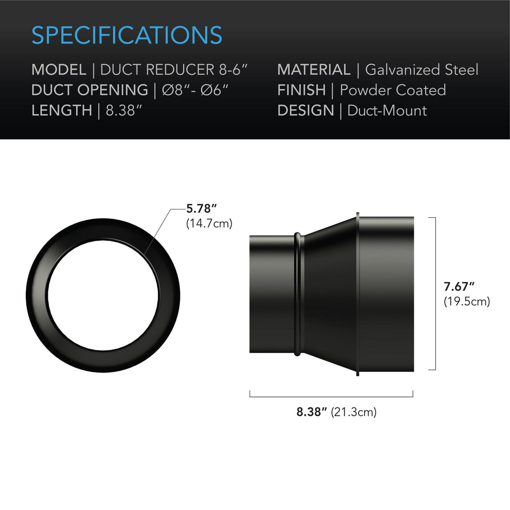 Duct Reducer, 8 inch to 6 Inch Adapter Cone, Galvanised Steel - Quick Bloom Lights