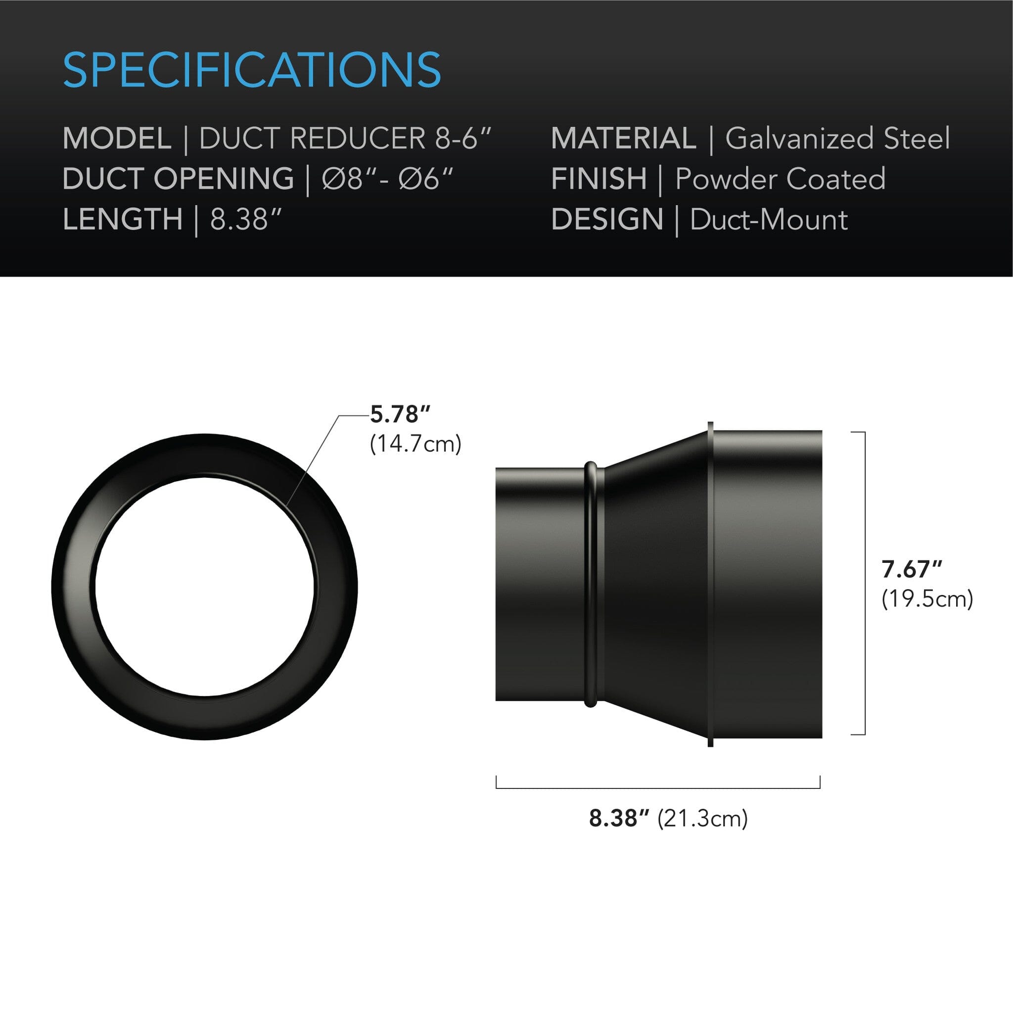 Duct Reducer, 8 inch to 6 Inch Adapter Cone, Galvanised Steel - Quick Bloom Lights
